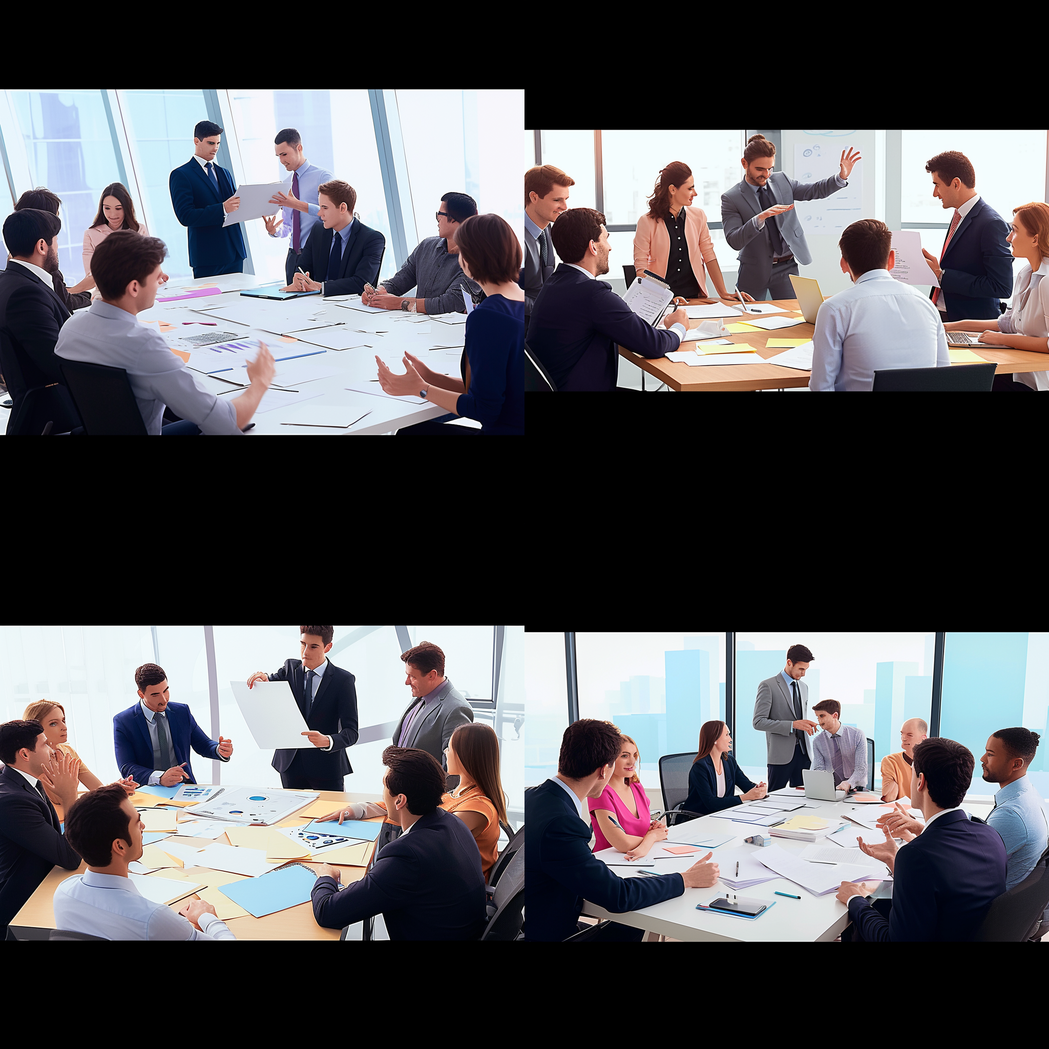 卡通人物在办公室开会讨论，整齐的桌子前，会议室内，明亮色调，中焦镜头，正面光，认真表情，手势交流，活泼。