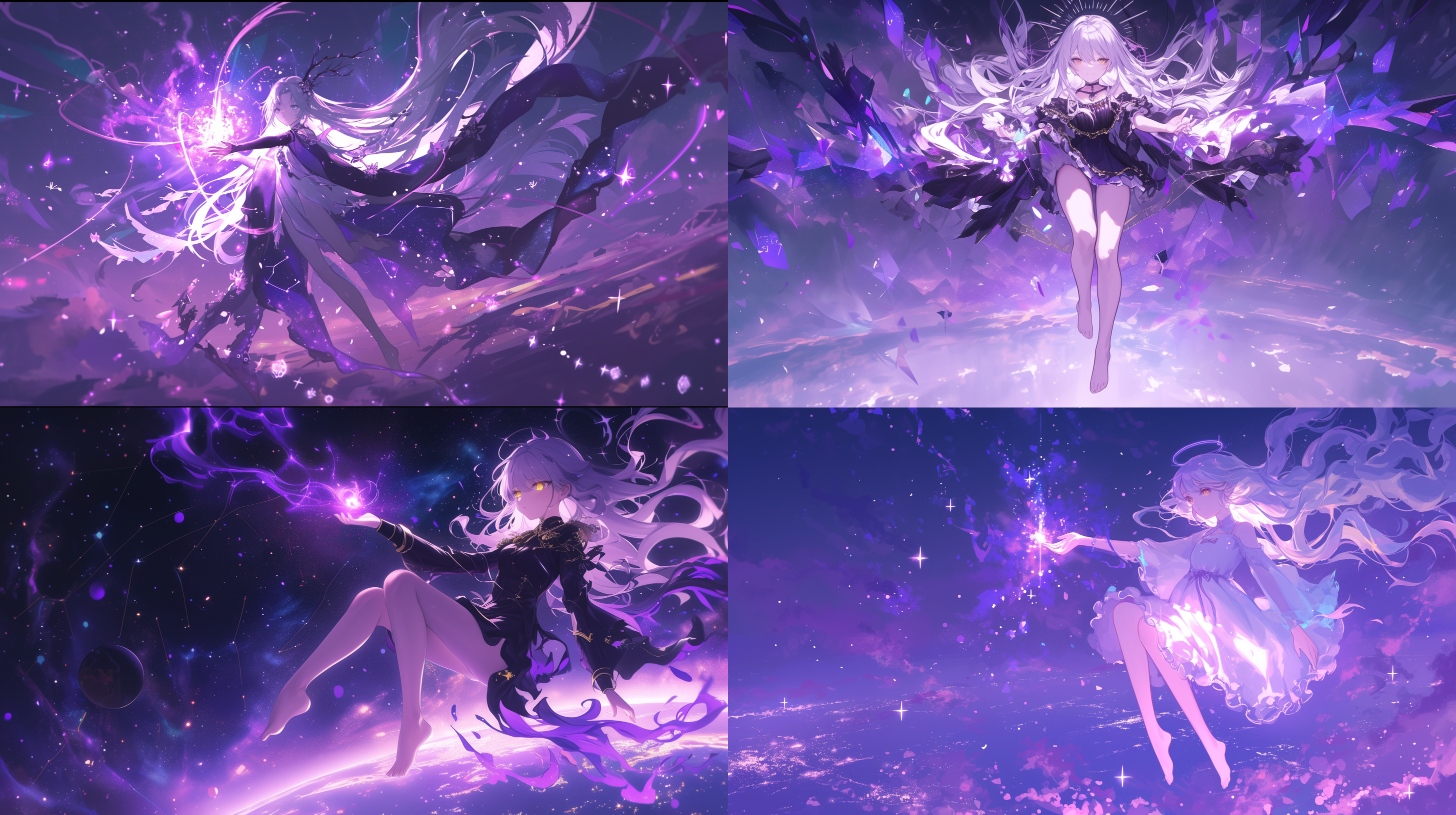 日式动漫风格，少女漂浮在空中，银色长发，淡金色眼睛，头上漂浮着黑色的光环，一只手向前伸，爆发出紫色的魔法，光脚，紫色星空背景，梦幻风格，柔光，广角镜头，凝视远方，神秘