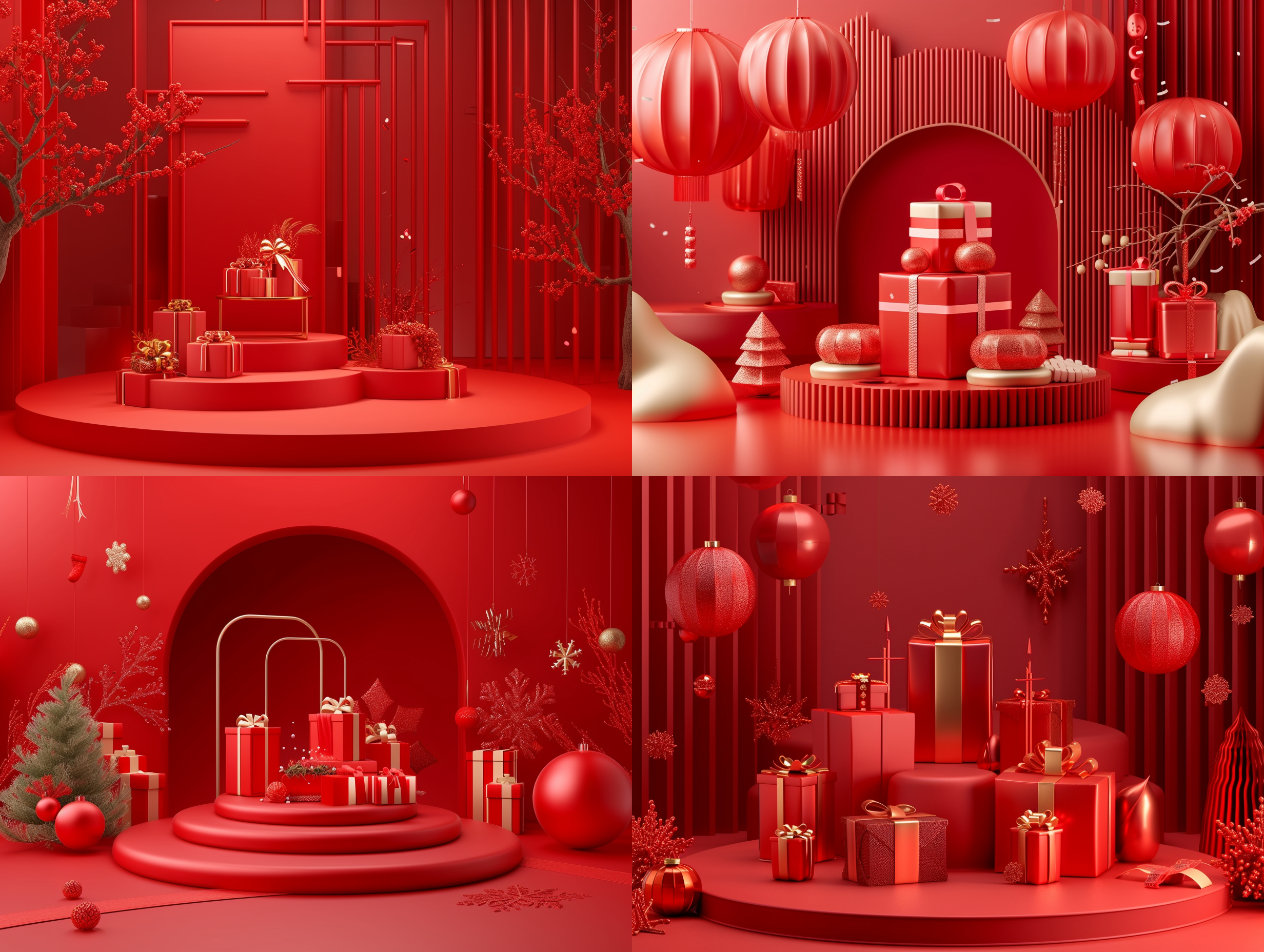 这是一个c4d渲染的电商舞台页面，页面中间一个产品展示台， 红色色调，有新年元素，舞台焦点，产品场景应用，空间设计，层次感丰富，3d渲染，c4d,辛烷值渲染，0c渲染，超高清，323k uhd