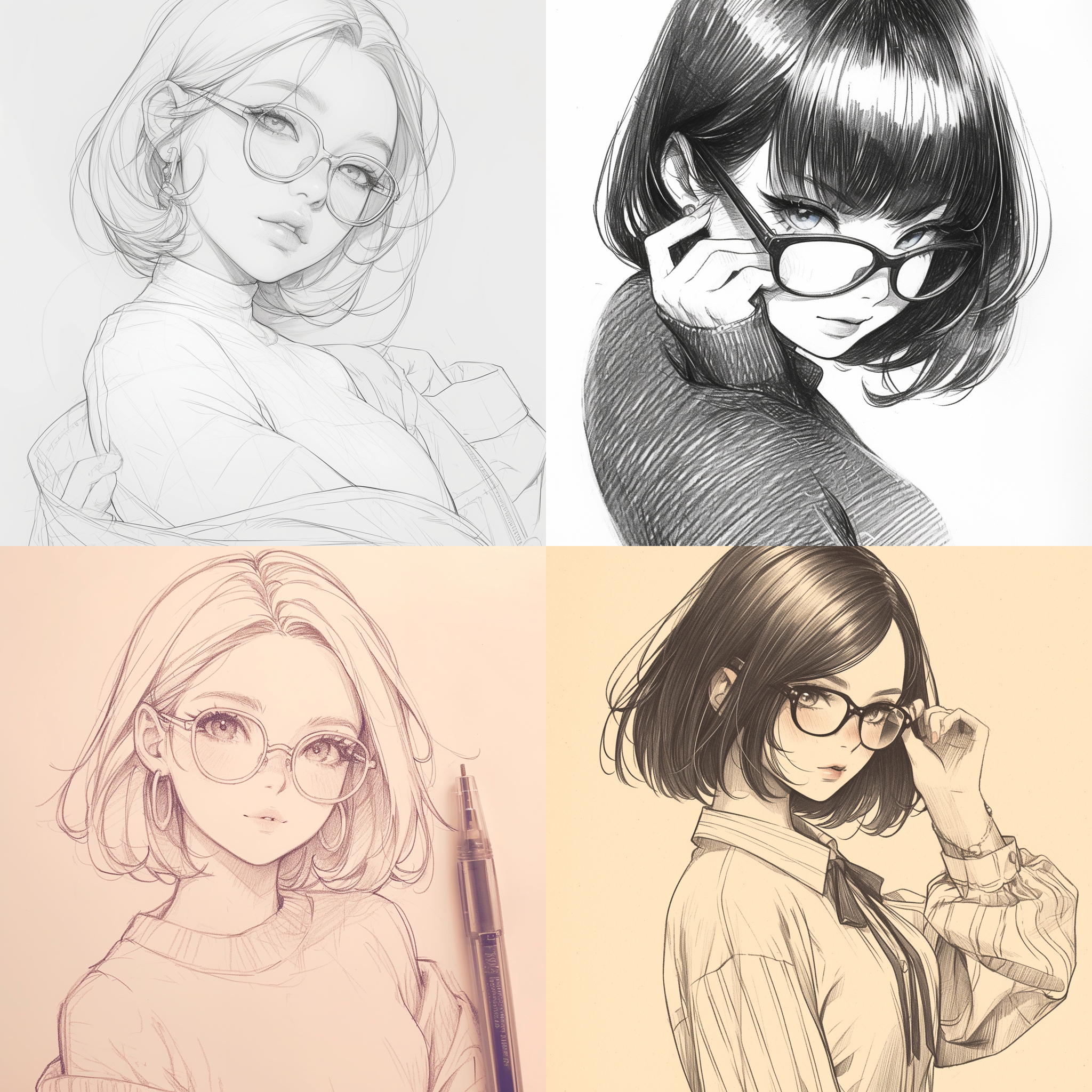 详细的铅笔艺术的全身肖像，中国完美的女性面孔，觉悟的大眼睛，丰满的嘴唇，戴着眼镜，sciamano240的风格，动画