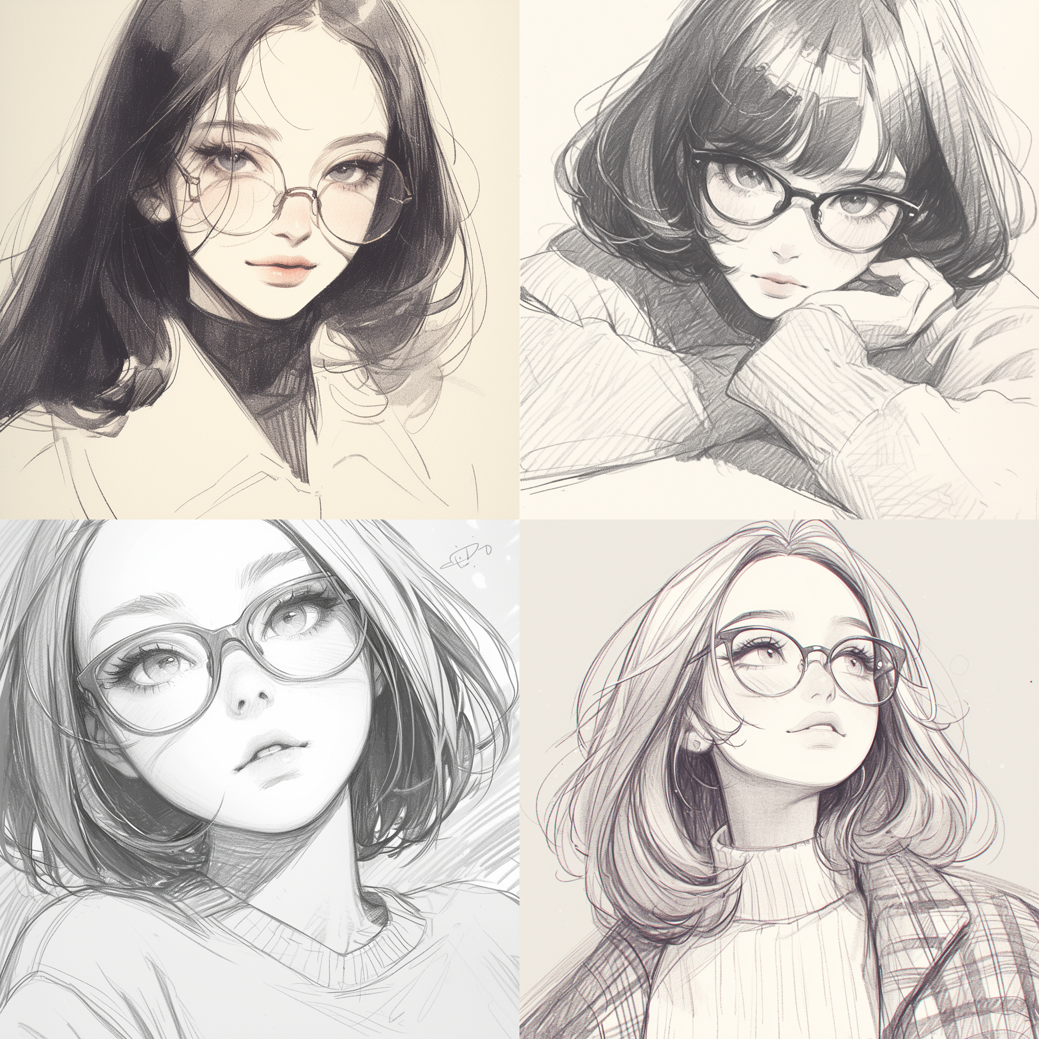 详细的铅笔艺术的全身肖像，中国完美的女性面孔，深情的大眼睛，丰满的嘴唇，戴着眼镜，sciamano240的风格，动画