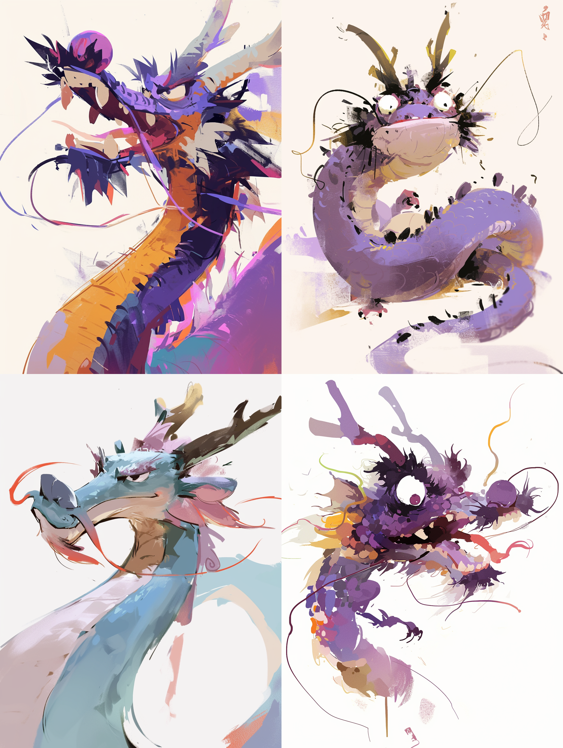 吴冠中绘制的，中国龙动画，非常可爱的龙，卡通，有趣又愚蠢，前视图，浅紫色，特写头，水墨意境，抽象简单的线条，极简注意，毕加索，高级配色，白色背景，18k，插画风格