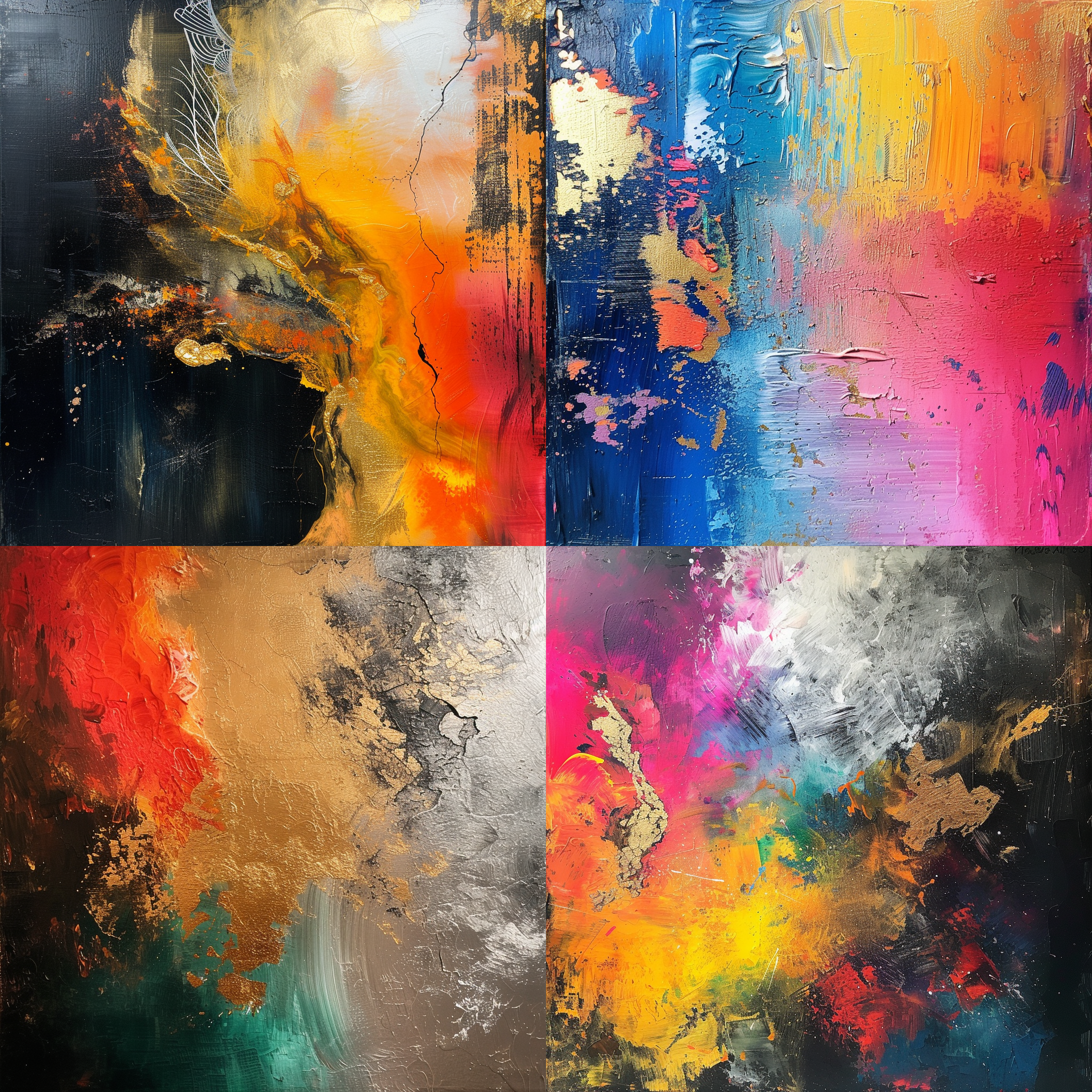 masterpiece, painting, abstract, surrealistic, vibrant colors, brush strokes, depth,texture, gold and silver accents