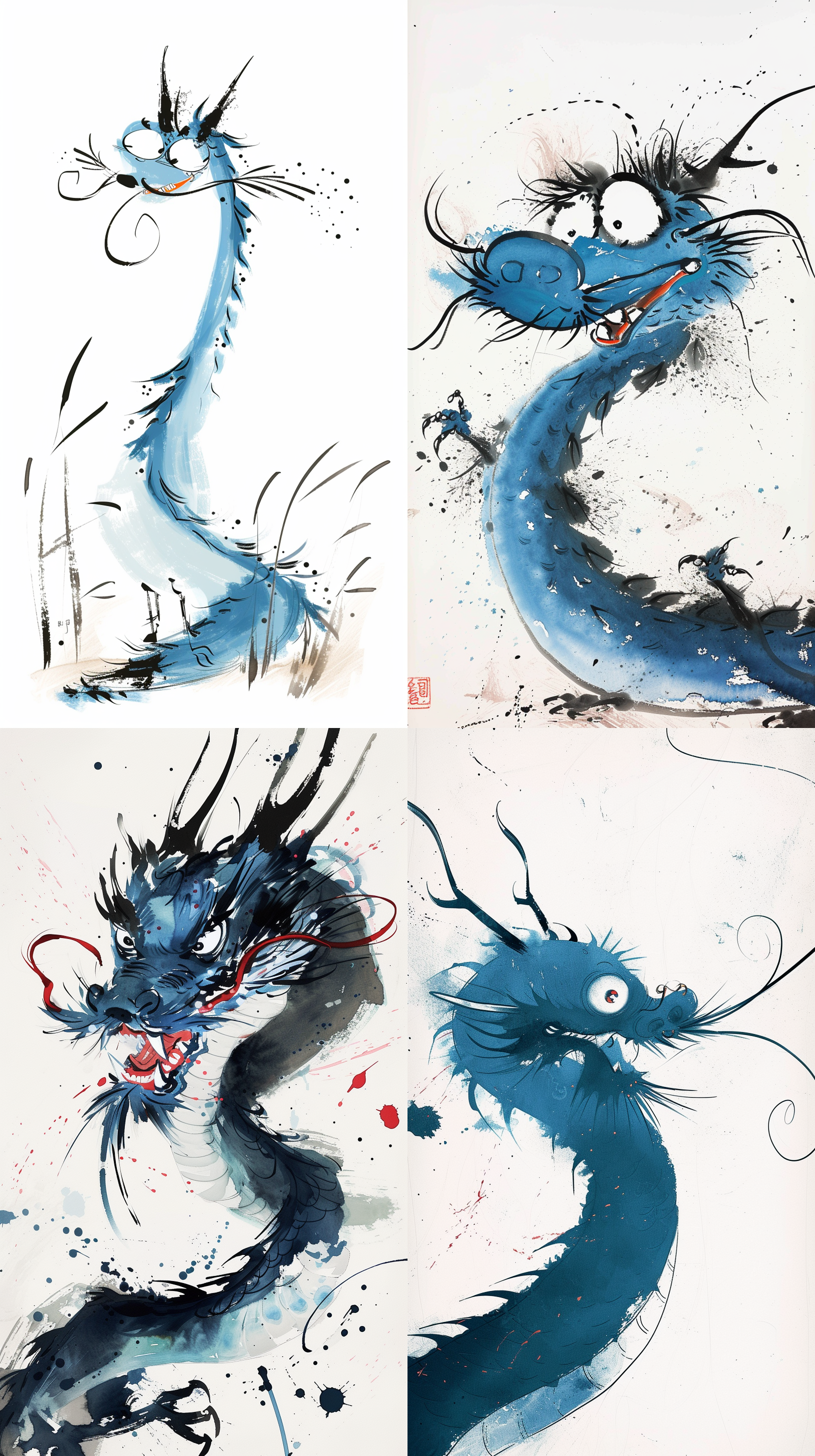 吴冠中绘制的，中国龙动画，非常可爱的龙，卡通，有趣又愚蠢，前视图，蓝色，特写头，水墨意境，抽象简单的线条，极简注意，毕加索，高级配色，白色背景，18k，插画风格