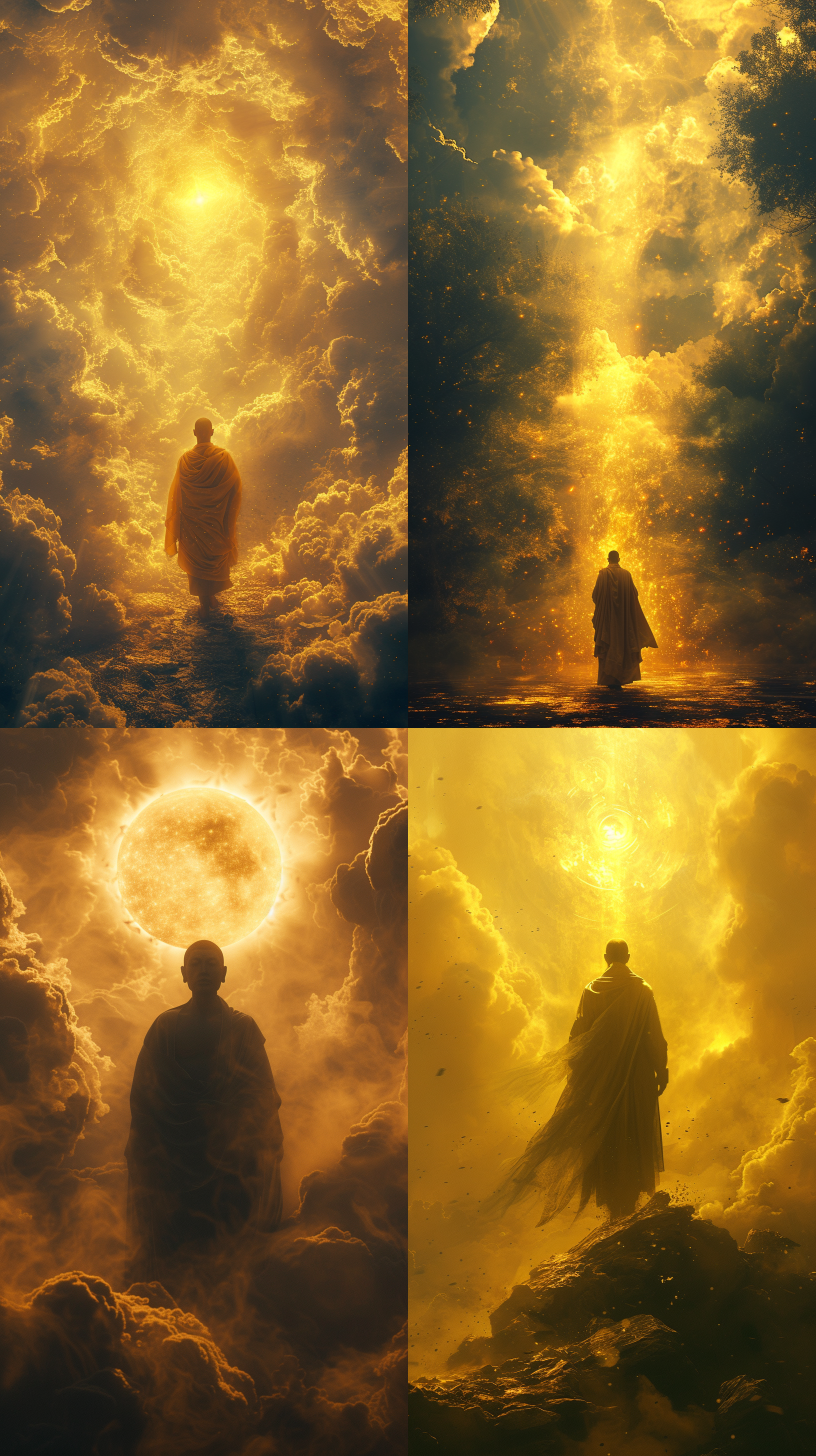 prompt. 金色, 佛光普照, 半身, 佛祖, 袈裟, 东方, 正面拍摄, 超现实风格, 庄严, 云隙光.