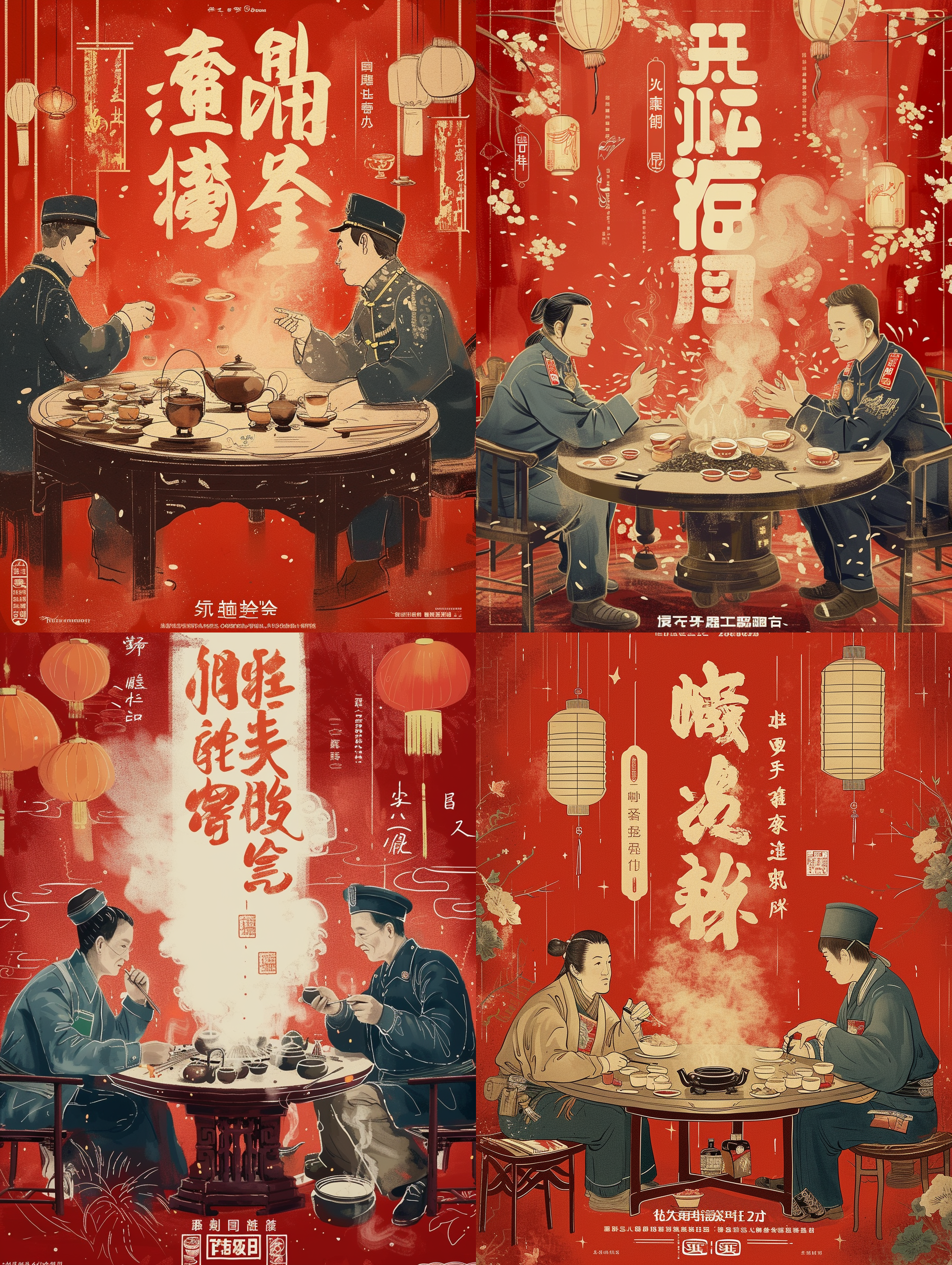 一共有四个人，其中一个警察和一个人在聊天，另外一个警察和另一个人在写书法写福字。参考图的桌子改成围炉煮茶 印刷风格
