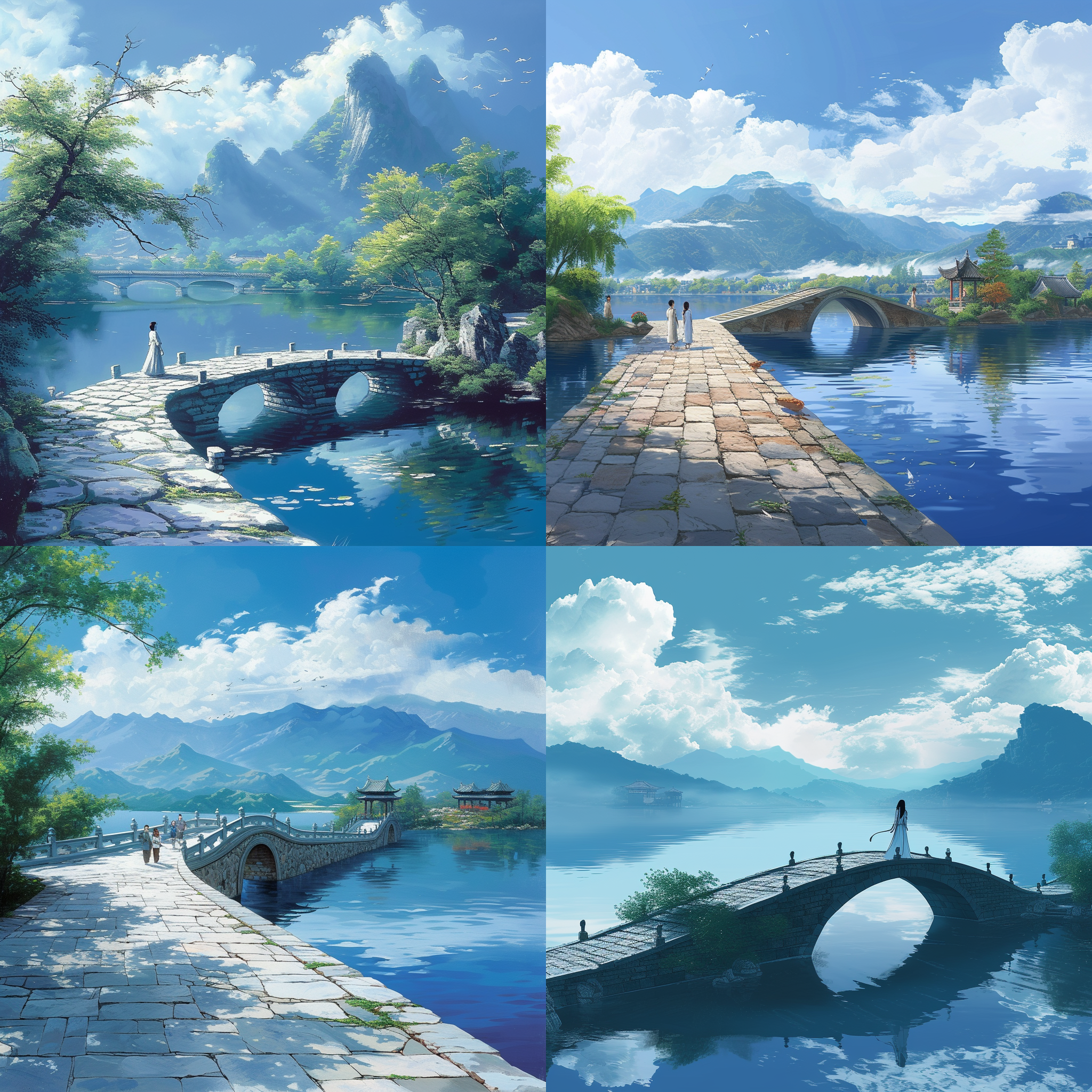 石径斜通幽兮、古桥横跨、碧水倒影、远山苍翠、蓝天白云、微风拂面、人影行走、古风长裙、文静优雅、和谐宁静、素雅色调、韵味悠长。