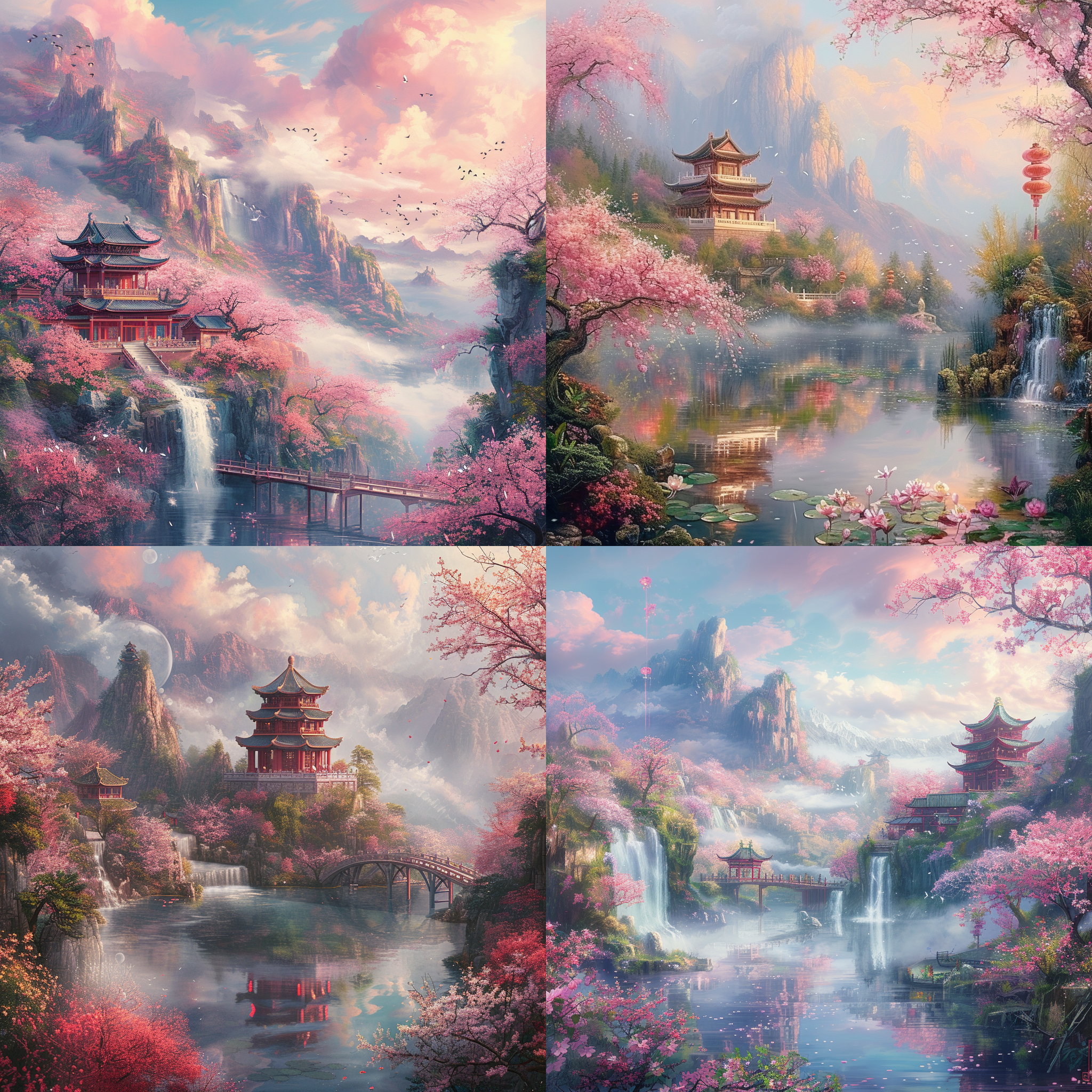 a beautiful painting of a beautiful view of the chinese palace， the boundless peach blossom pool is thousands of feet deep, many many peach trees and peach blossoms cover the entire crystal clear lake, shrouded in clouds and mist, pink clouds float in the sky, above ultra-wide angle, thomas kinkade, dreamlike, 4k, romantic, trends on artstation