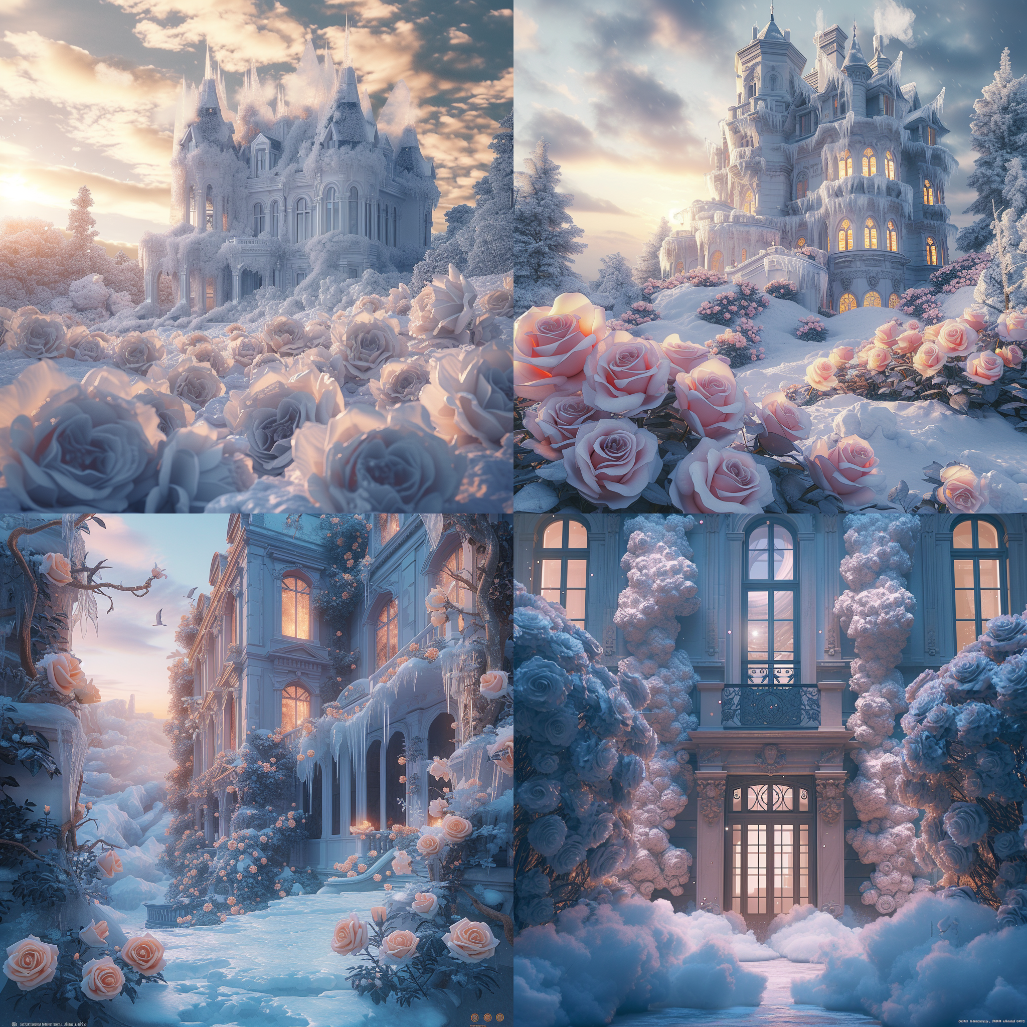 the palace does not fall in a huge avalanche,snow,winter,movies,tree clouds,ice everywhere,freezing,roses in the ice,frozen roses,octane rendering,surreal,dusk,sunset,by jessica rossier,facade surrounded by crystal roses,by jacek yerka,soft light,f8:3","centered,unreal engine,octane rendering,8k hdwallpaper,ultrawide,f8,polarizer:6","oversaturated,degrees of freedom:-4","blur:-1hd