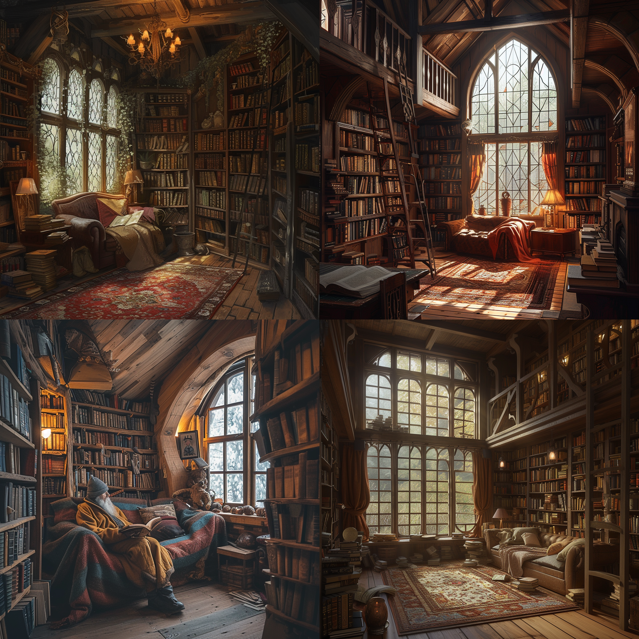 魔法复古小屋，中世纪风格，满墙书架，窄小空间，温馨氛围。明亮的窗户投射出柔和的光线，照亮了整个房间。房间布置着古老的家具和装饰品，展现出迷人的复古气息。一个舒适的沙发上坐着一个穿着中世纪服饰的人物，他正专注地阅读一本古籍。复古色调，柔和照明，迷人的氛围，宁静的情感。