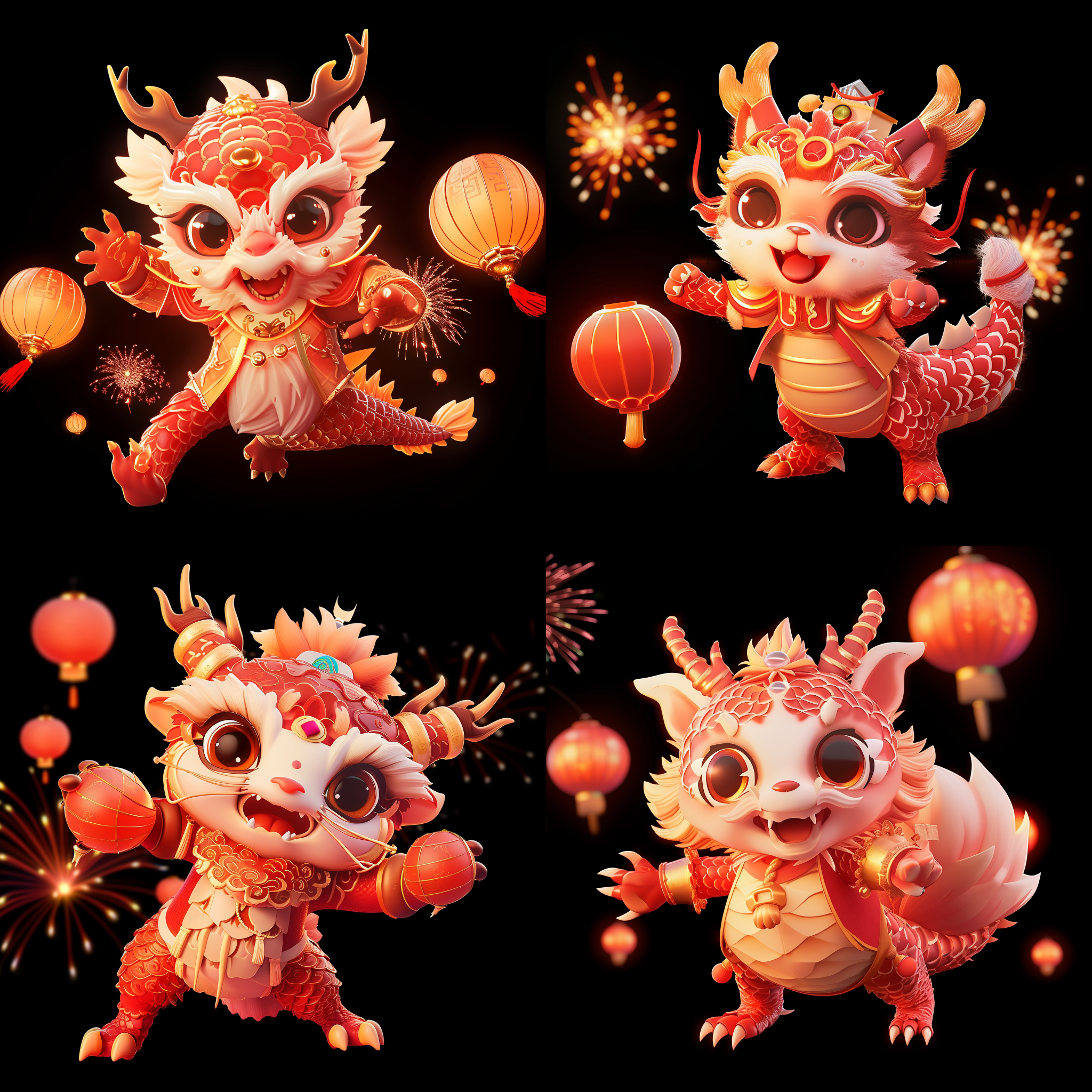 3d中国龙拟人化形象，站立在热闹的春节庆典场景中。龙身披红色鳞甲，双目炯炯有神，张牙舞爪，威风凛凛。背景是喜庆的灯笼和烟花，营造出浓厚的节日氛围。明亮的色彩和细节丰富的纹路展现了中国传统文化的瑰丽与庄重，给人一种喜庆、祥和的感觉。3d建模，拟真渲染，动态效果，生动活泼，喜庆，热闹。