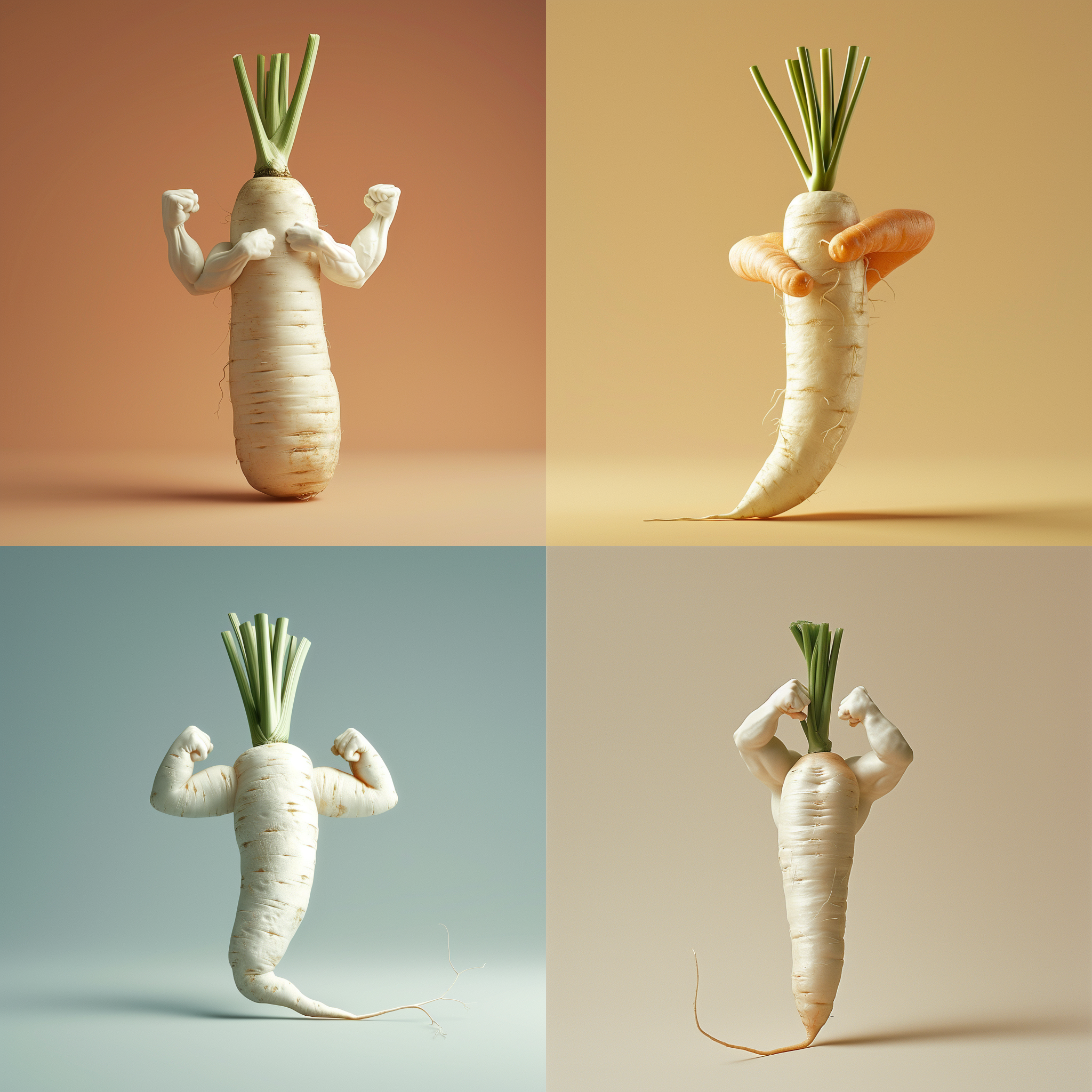 白萝卜，健美选手风格，45度角，带有自信的表情，纯色背景，明亮色调，柔光，放大焦距，展示肌肉，活力四溢。