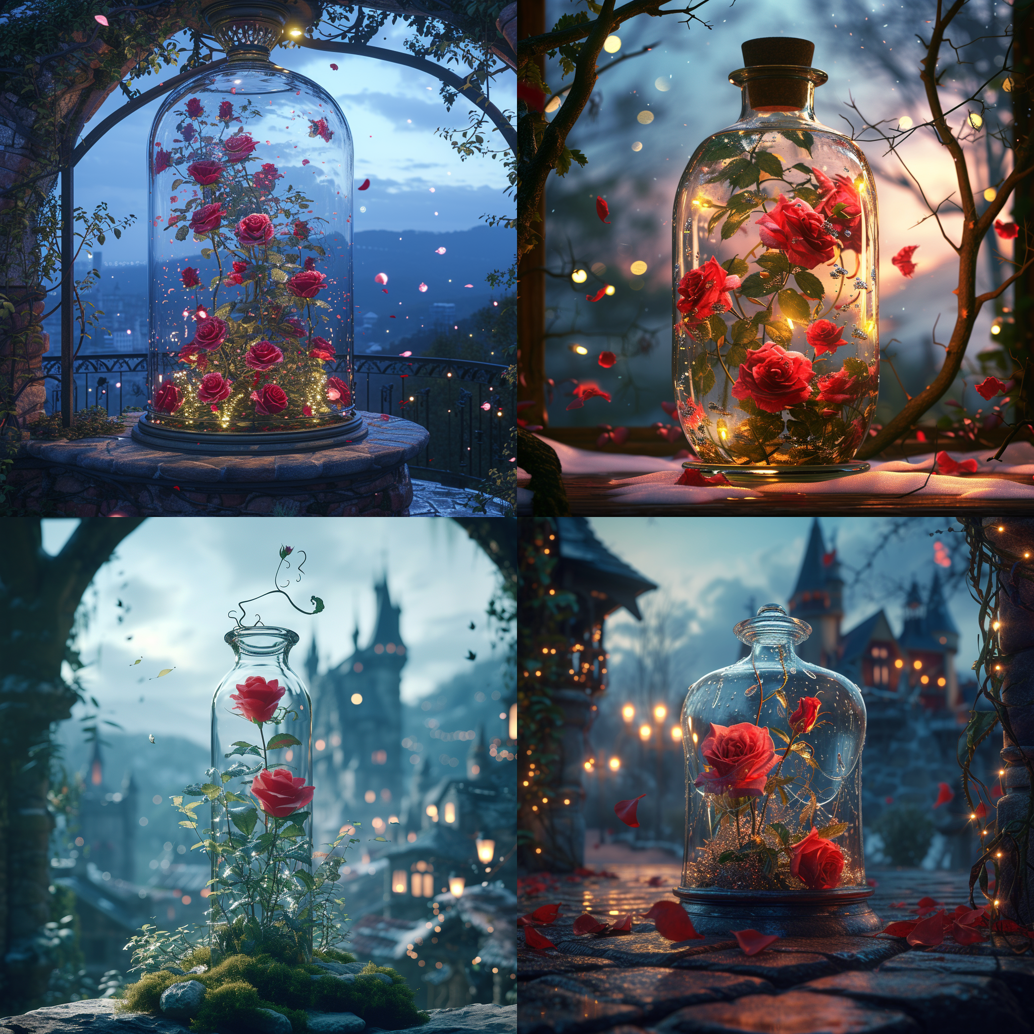 a panoramic sky garden rose world in a special-shapedtransparent glass bottle, castle, roses, petals are flyingromance, dream, greg lat kosky, night, red rose pavilion,art station trend, bright lights, smoke, wood support. ue4, hd, lighting, winter, auv,4k,high definition, hd.