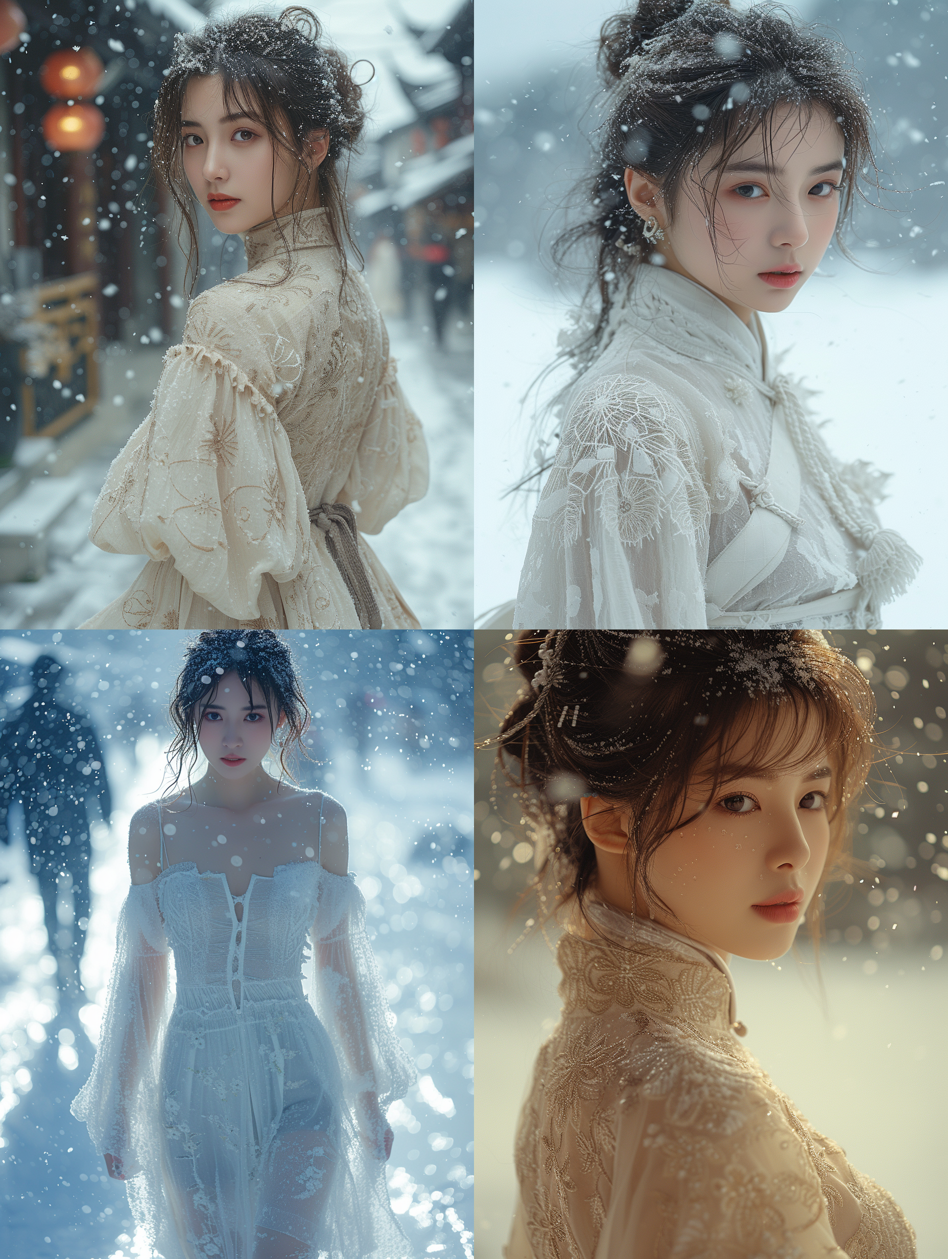 中国美女穿着棉旗袍走在大雪中，脚上灰色的鞋子粘着雪花，目光温柔，坚定，身后浅淡的景色像一副水墨画，全身:: 电影风格，超清32k，富士胶片