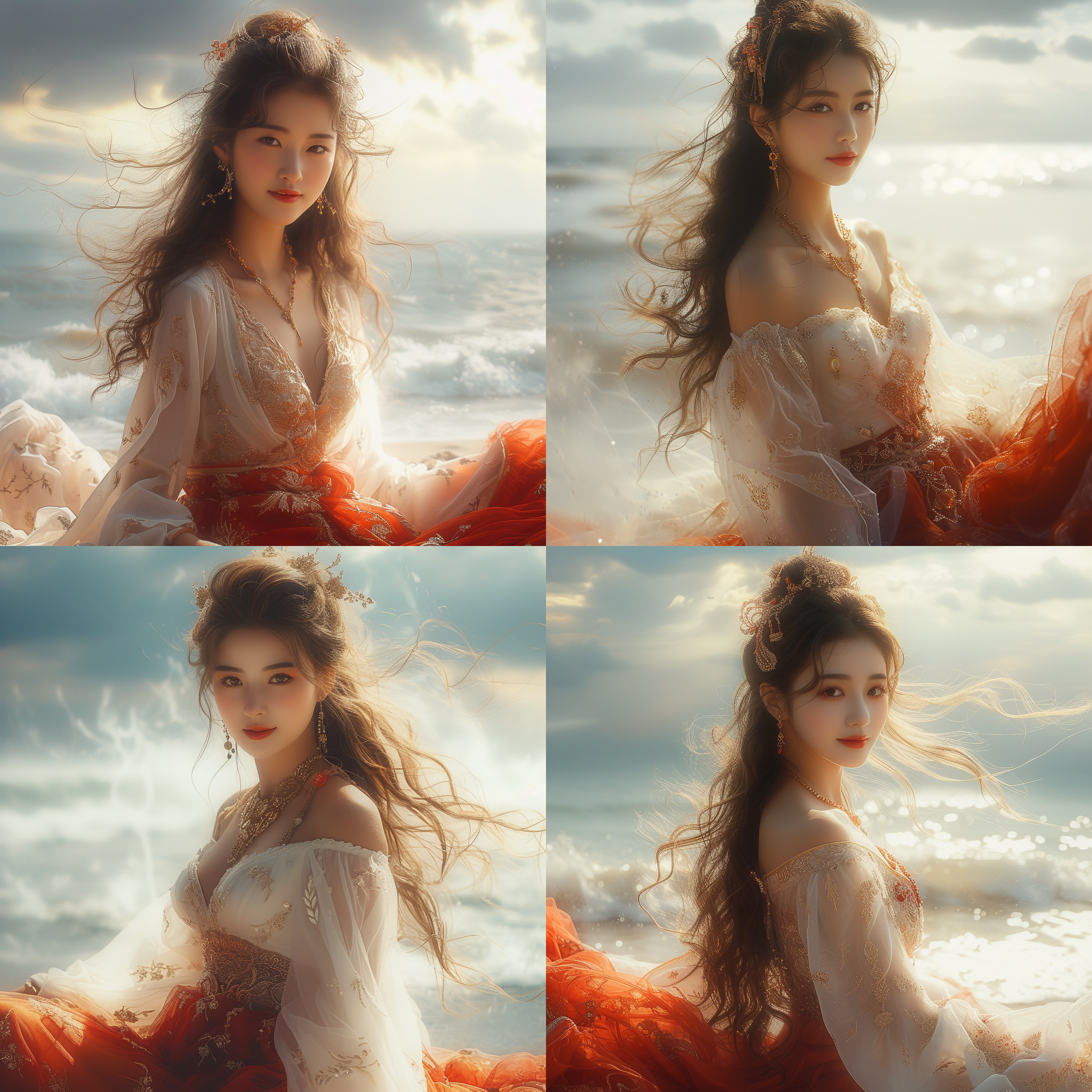 美女坐在沙滩上，她身着一袭白色连衣裙，头发飘逸。她微笑着看向远方，阳光照在她的脸上，形成柔和的光影。背景是碧蓝的大海和金黄的沙滩，构成了一幅宁静而优美的画面。 夏威夷风格，人物特写，自然光，柔光，远景，大气感，恬静，轻松，温暖，自由。