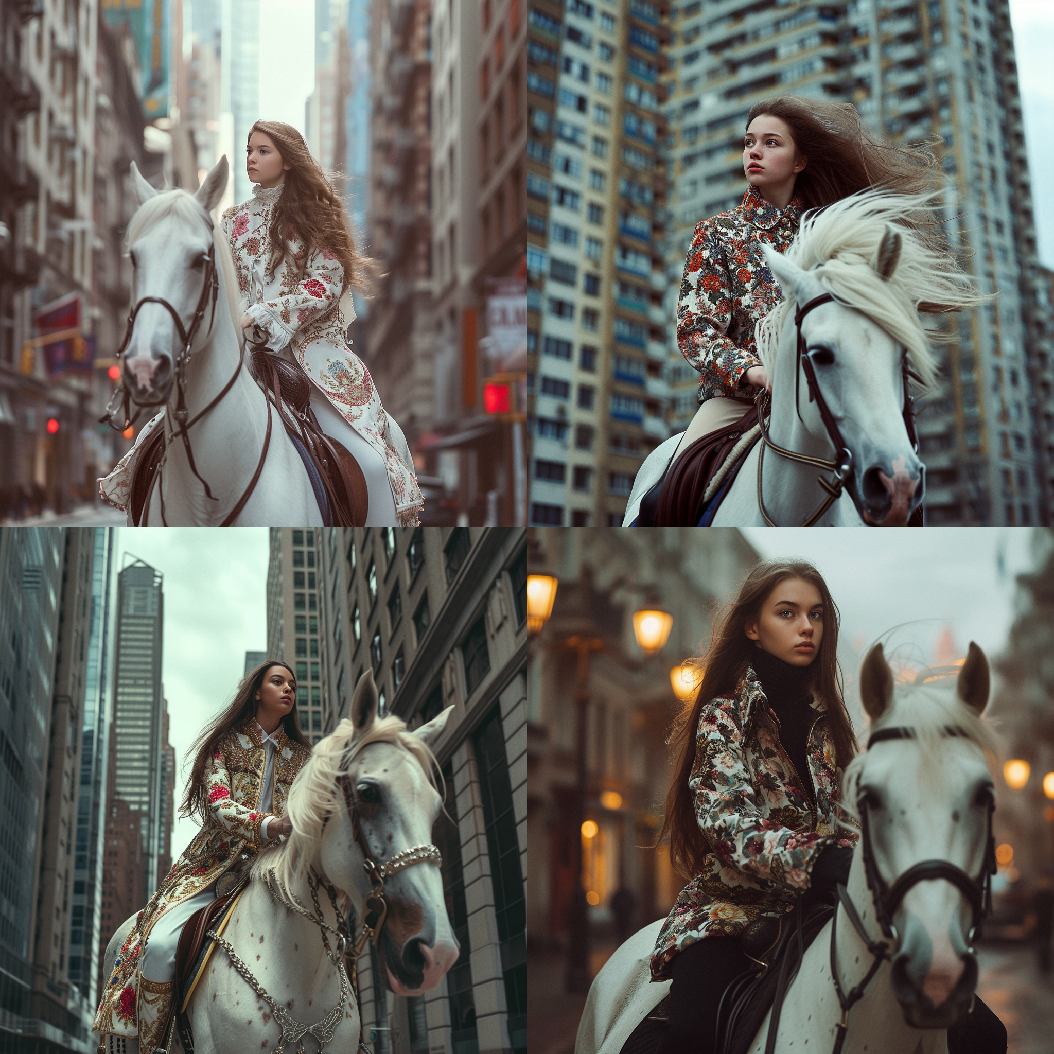 妙龄少女骑白马，高楼大厦之间，东北花袄，英姿飒爽，长发飘飘，街上想走，目光向前，广角镜头，明亮照射，对角线构图，优雅，自信，自由。
