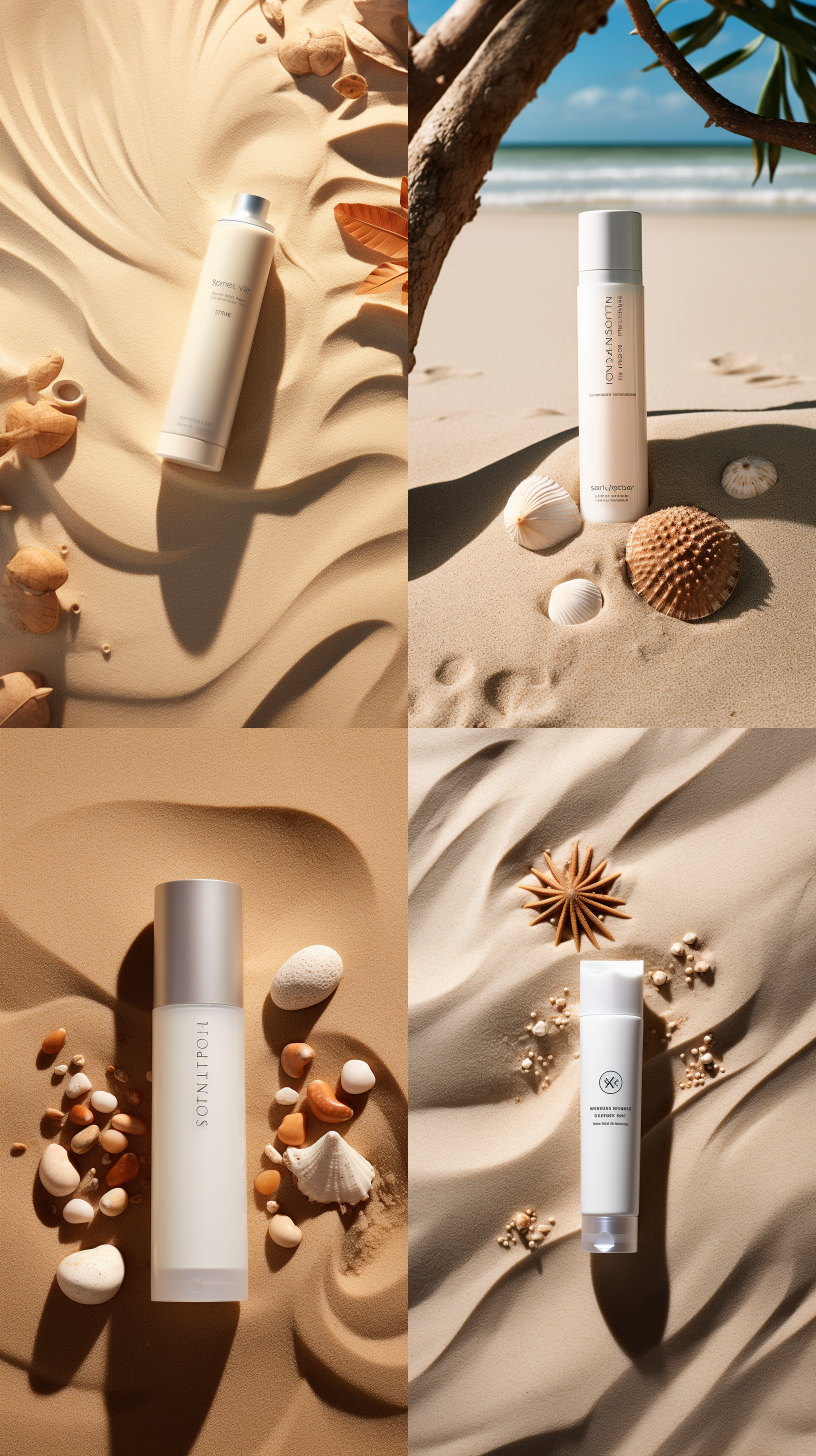 海滩上，一瓶白色包装的防晒霜，上面有文字和标志， 沙子和小石头，高质量的照片，柔和的灯光，清晰的焦点，俯瞰摄影,明暗对比,俯瞰，树荫