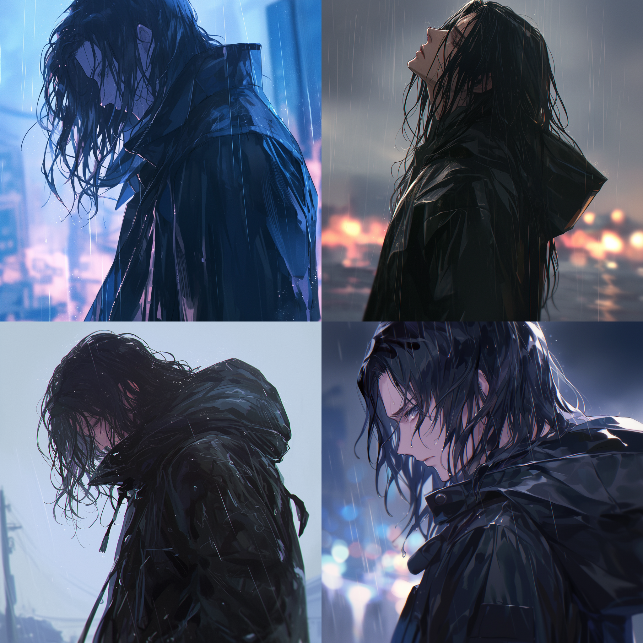 黑色风衣男子，湿漉漉的长发，雨中站立，远景侧面角度，高iso，广角镜头，模糊背景，倾斜构图，冷色调，神秘感，孤独，深情。