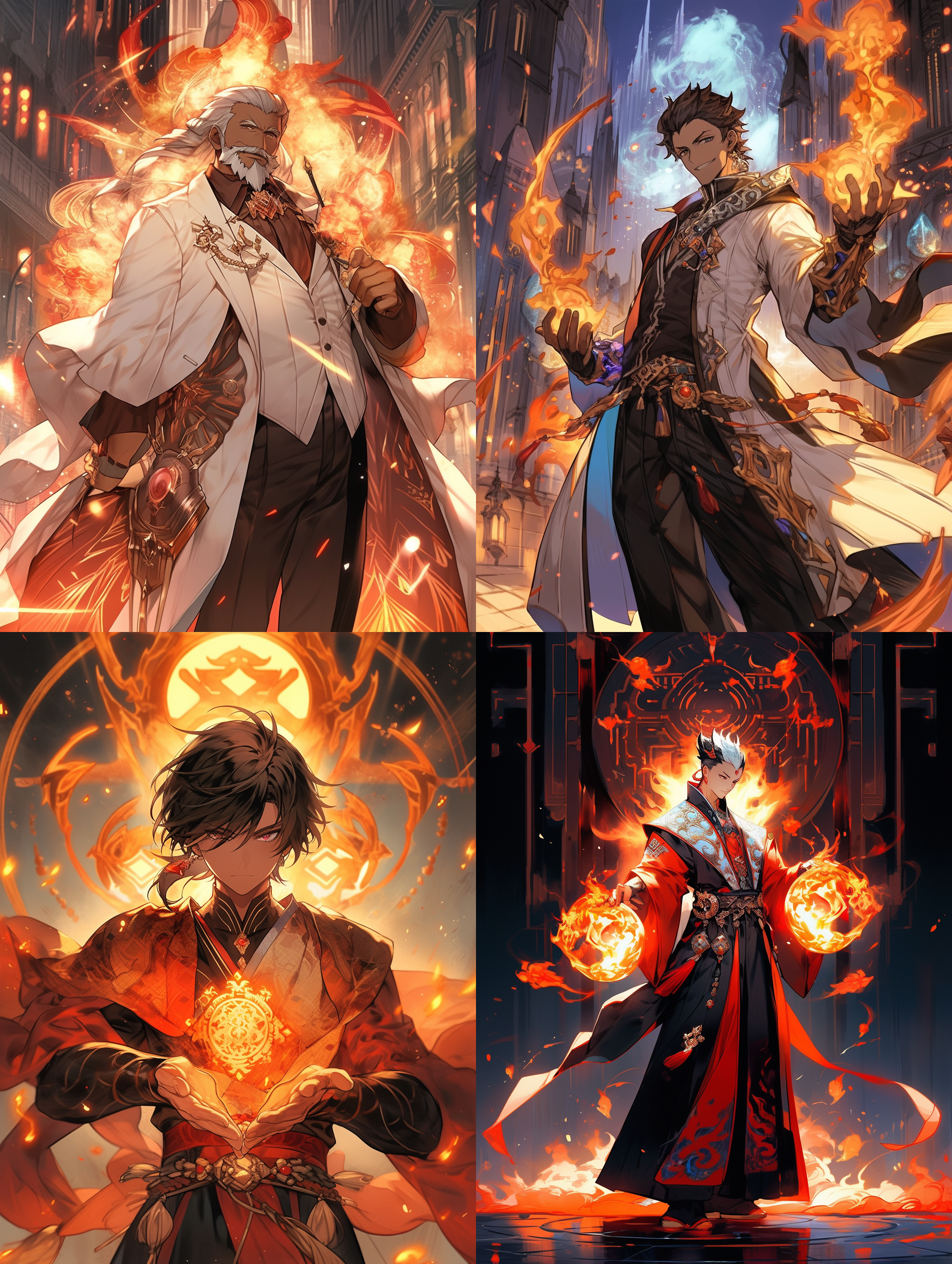 一个正面视角的亚洲术士，穿着帅气站在帝国的时空门前，手上操纵着火焰，目光坚定，看向前方