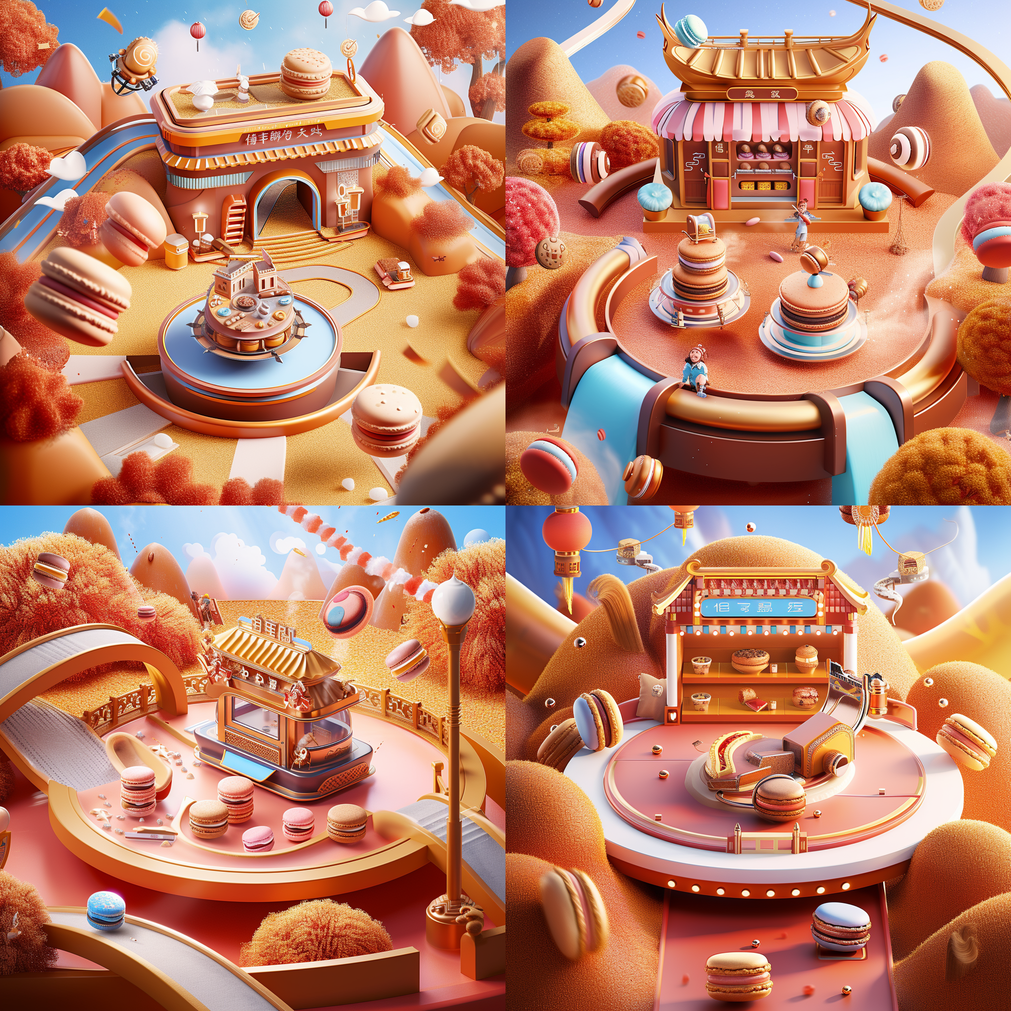 3d中国传统装饰元素在红色背景下，以毛毡风格呈现。摄影机前的中国建筑，用广角镜头拍摄，展示高细节和最佳质量。照明效果像电影般的舞台灯光，呈现出新年节日的氛围。这张照片以马卡龙色调为主题，创造出3d效果。