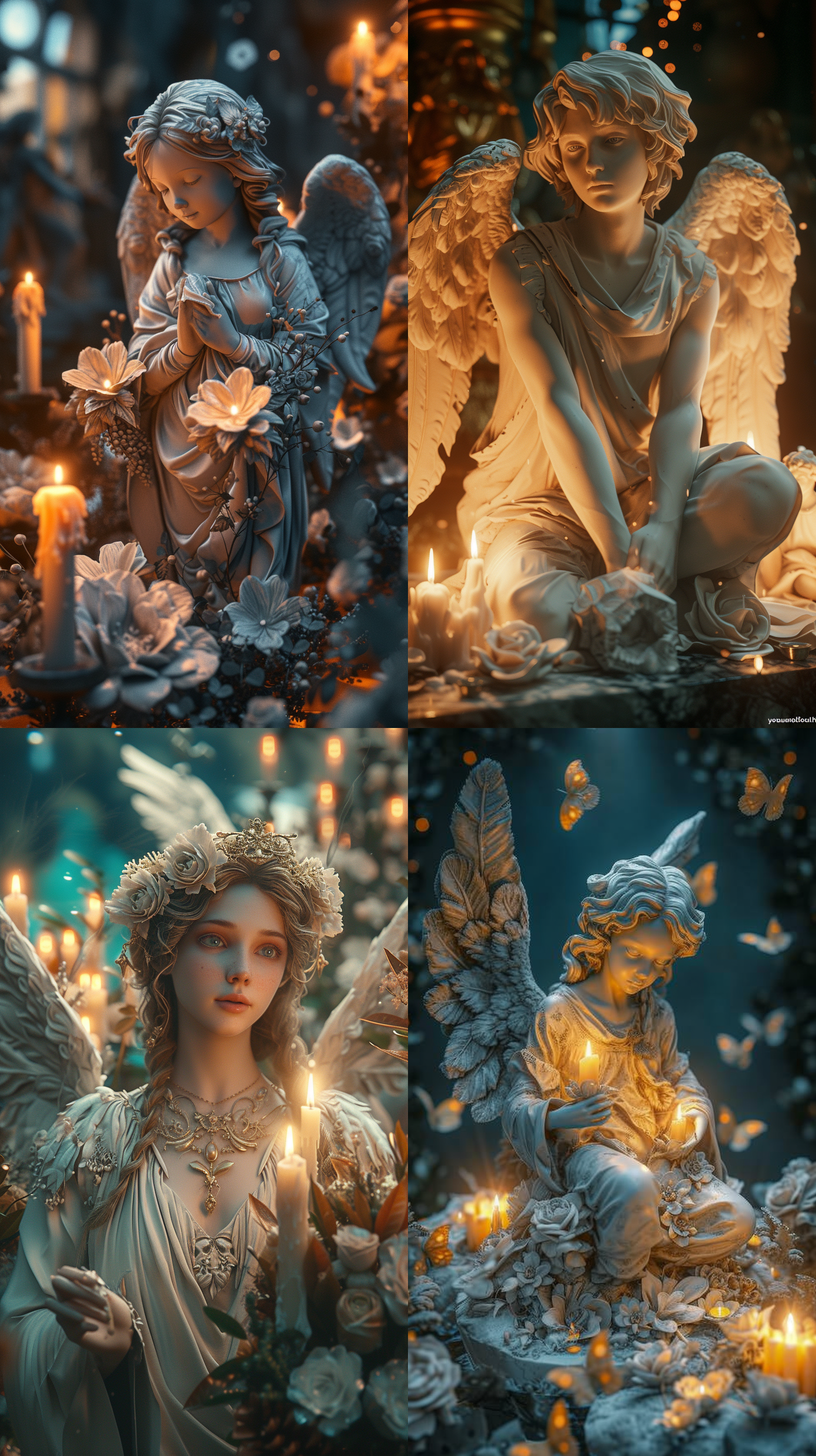 天使雕像，带有翅膀和蜡烛的雕像，3d打印，逼真的渲染风格，vray追踪的风格，弗朗索瓦.布歇，混合现实和幻想的元素，精致的植物描写，32k超高清，丰富而细致，萨尔瓦托.罗萨，谢尔盖.马什尼科夫