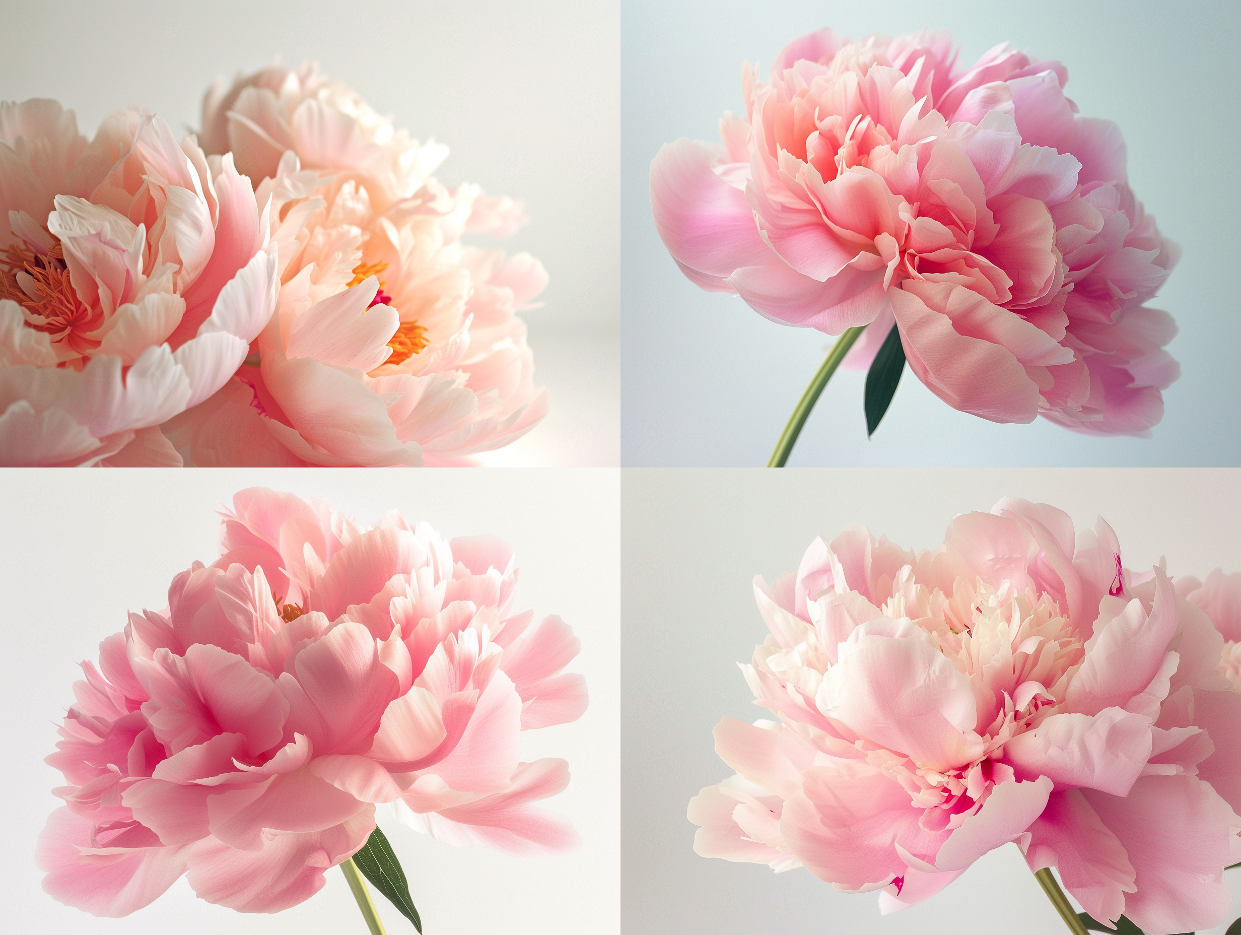 prompt. 牡丹花，粉色，白色背景，特写镜头，细节丰富，柔和光线，静态，优雅。