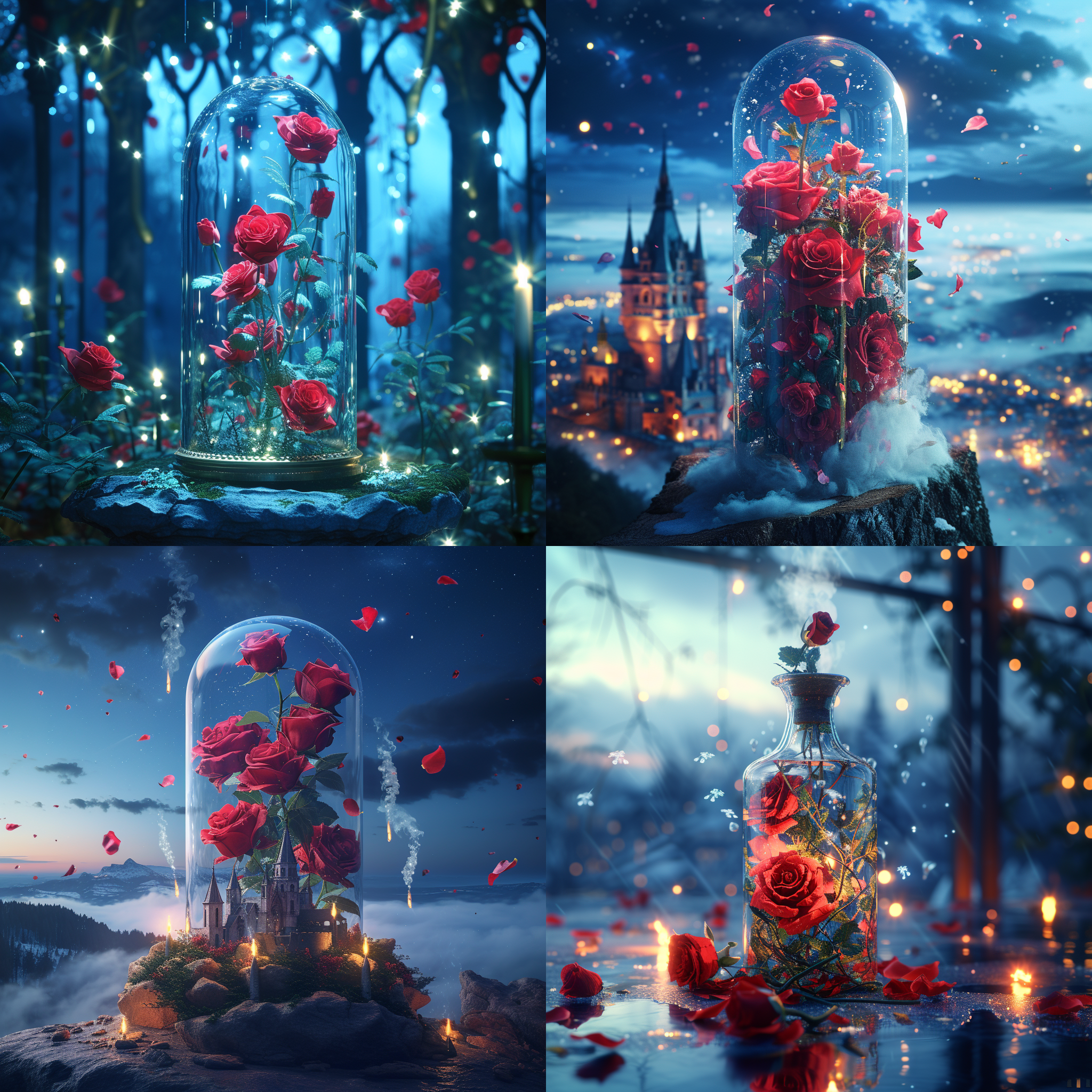a panoramic sky garden rose world in a special-shapedtransparent glass bottle, castle, roses, petals are flyingromance, dream, greg lat kosky, night, red rose pavilion,art station trend, bright lights, smoke, wood support. ue4, hd, lighting, winter, auv,4k,high definition, hd.