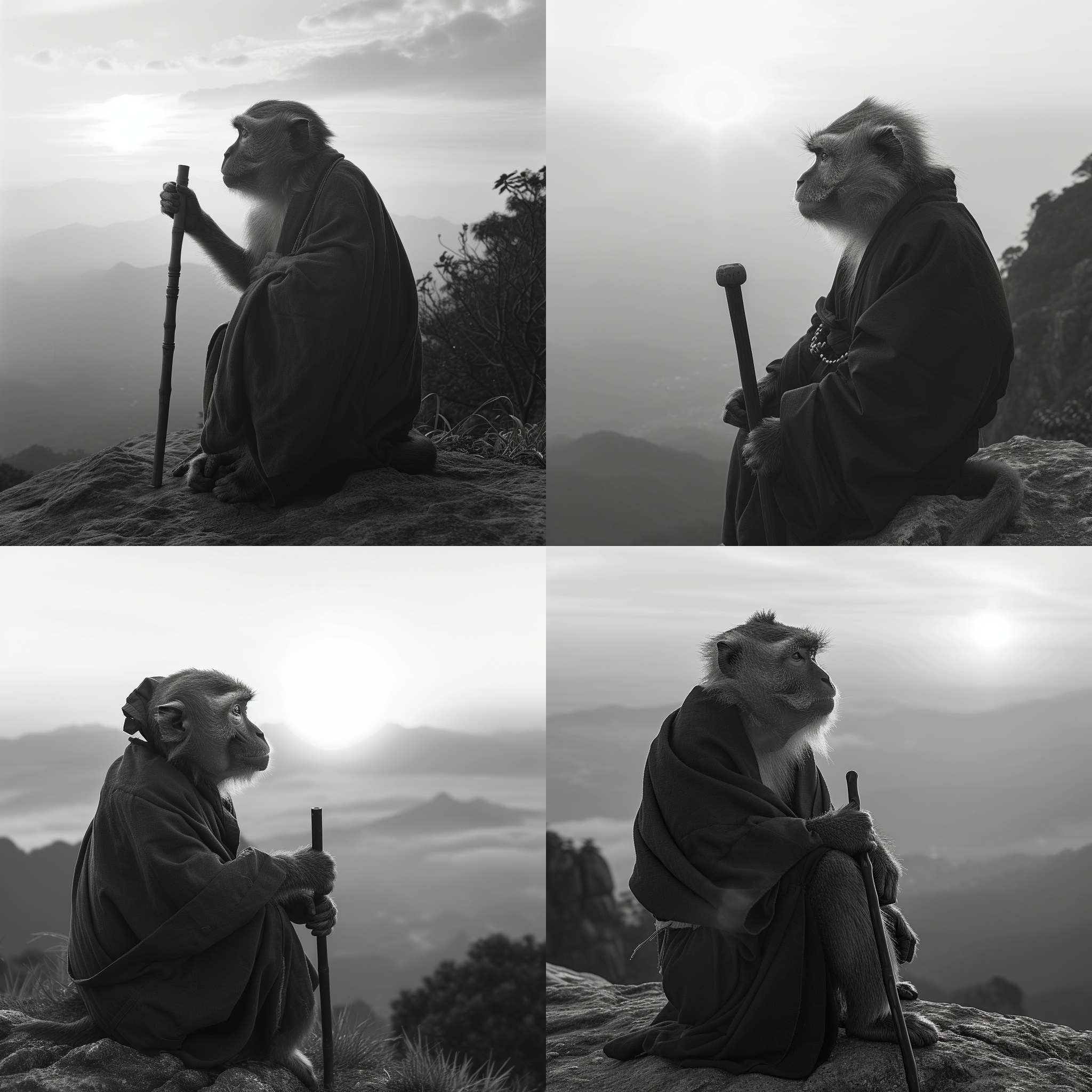 穿着僧袍的猴子拄着拐杖，站在宁静的山顶上，背后是壮丽的日出景色。猴子表情庄重，目光深邃。照片采用黑白摄影风格，利用长焦镜头突出猴子的神秘感。光线柔和而温暖，照片中的元素简洁而富有力量感。庄严、宁静、智慧。