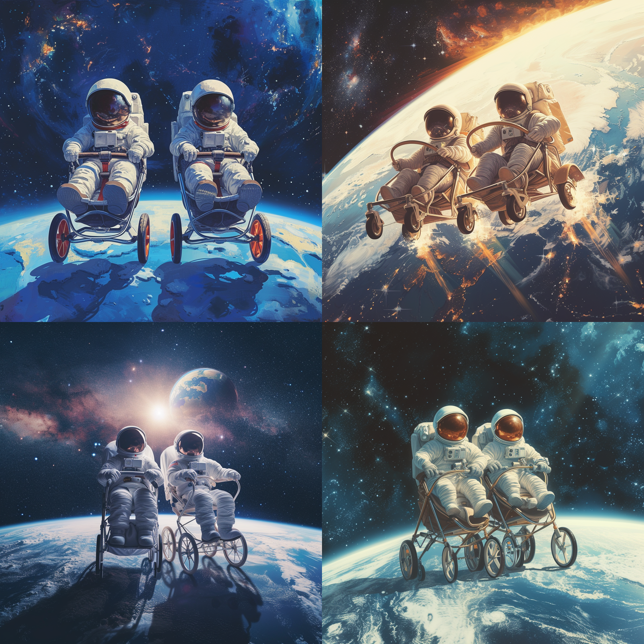宇航员骑着婴儿车在太空中飞行，背景是星空和地球。宇航员身穿宇航服，头戴头盔，带着微笑。构图对称，广角镜头，明亮的太阳光照射，动作轻松自如。喜悦，勇气，无限可能。