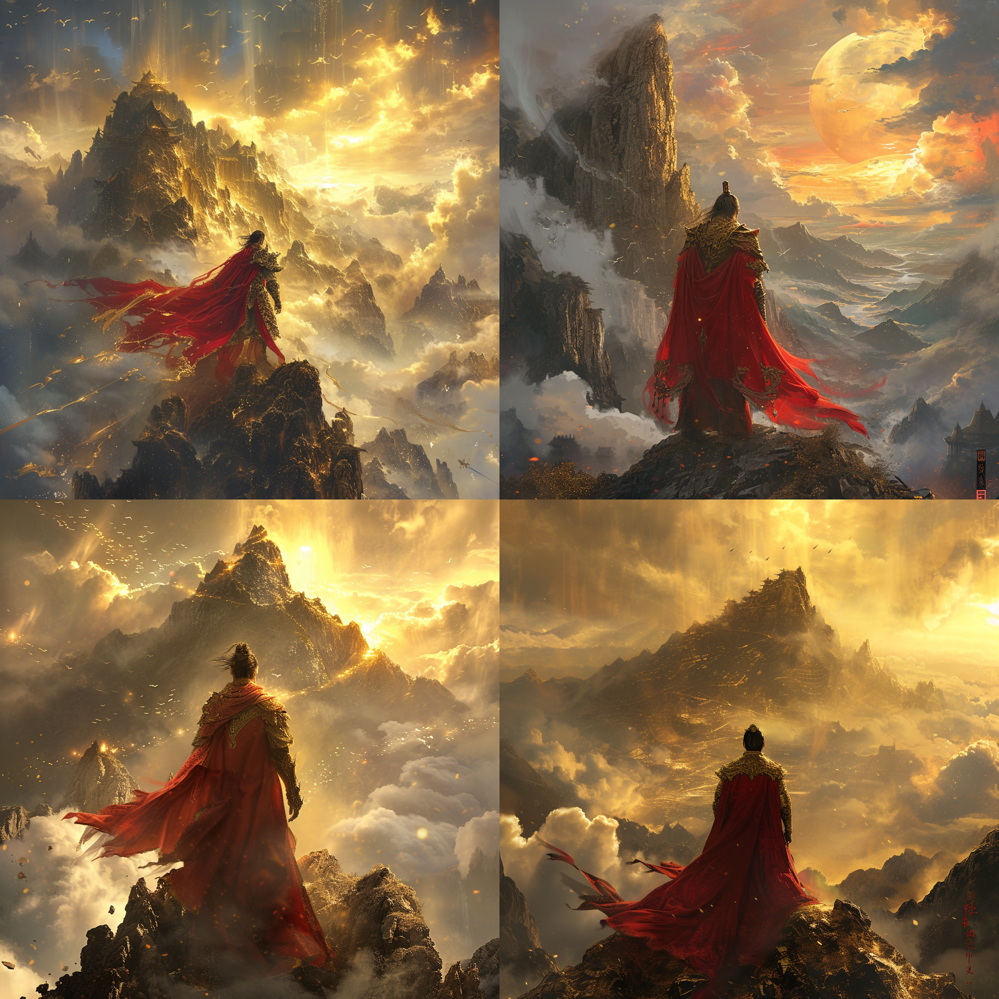 孙悟空身披红色披风，背影，金色战甲，背景是山峰，云雾缭绕，金色光芒笼罩，逆光，哥特风，气势磅礴。