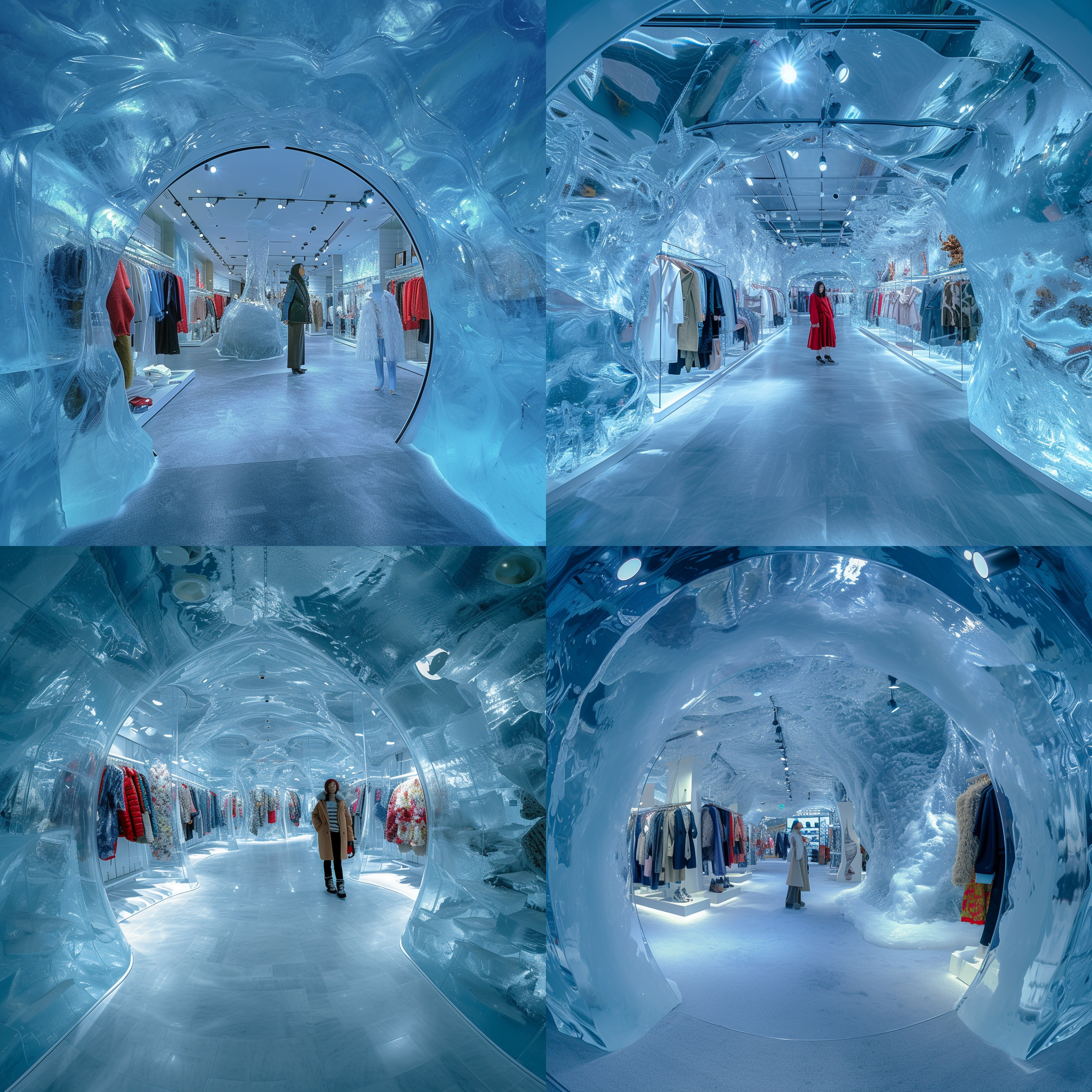 门店装修成冰洞，店内上样衣服。照片构图对称，以冰洞为背景，展示出寒冷而神秘的氛围。模特穿着鲜艳的衣服，与冰洞形成鲜明的对比。使用鱼眼镜头捕捉广阔的场景，强调店内的装饰和服装。高光和阴影营造出戏剧性的效果。冷色调增加了冰洞的真实感，表现出时尚和冒险的情绪。