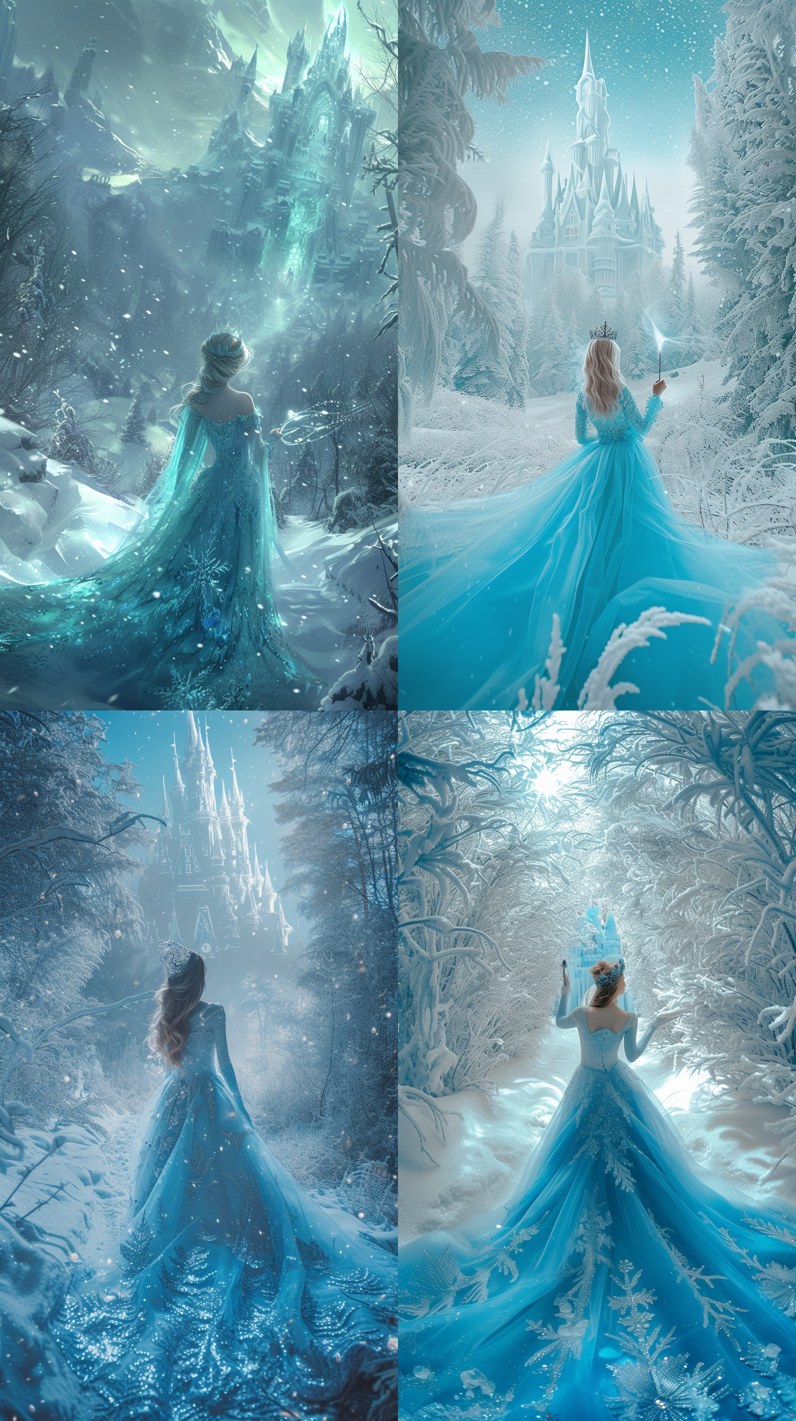 冰公主在冰天雪地学魔法，居中构图，广阔的雪原，冰雪覆盖的树林，细腻的绘画风格，流线型的冰雕城堡，公主身穿闪亮的蓝色长裙和皇冠，镜头使用鱼眼镜头，柔和的背光，公主手持魔法法杖，充满神秘感和力量。