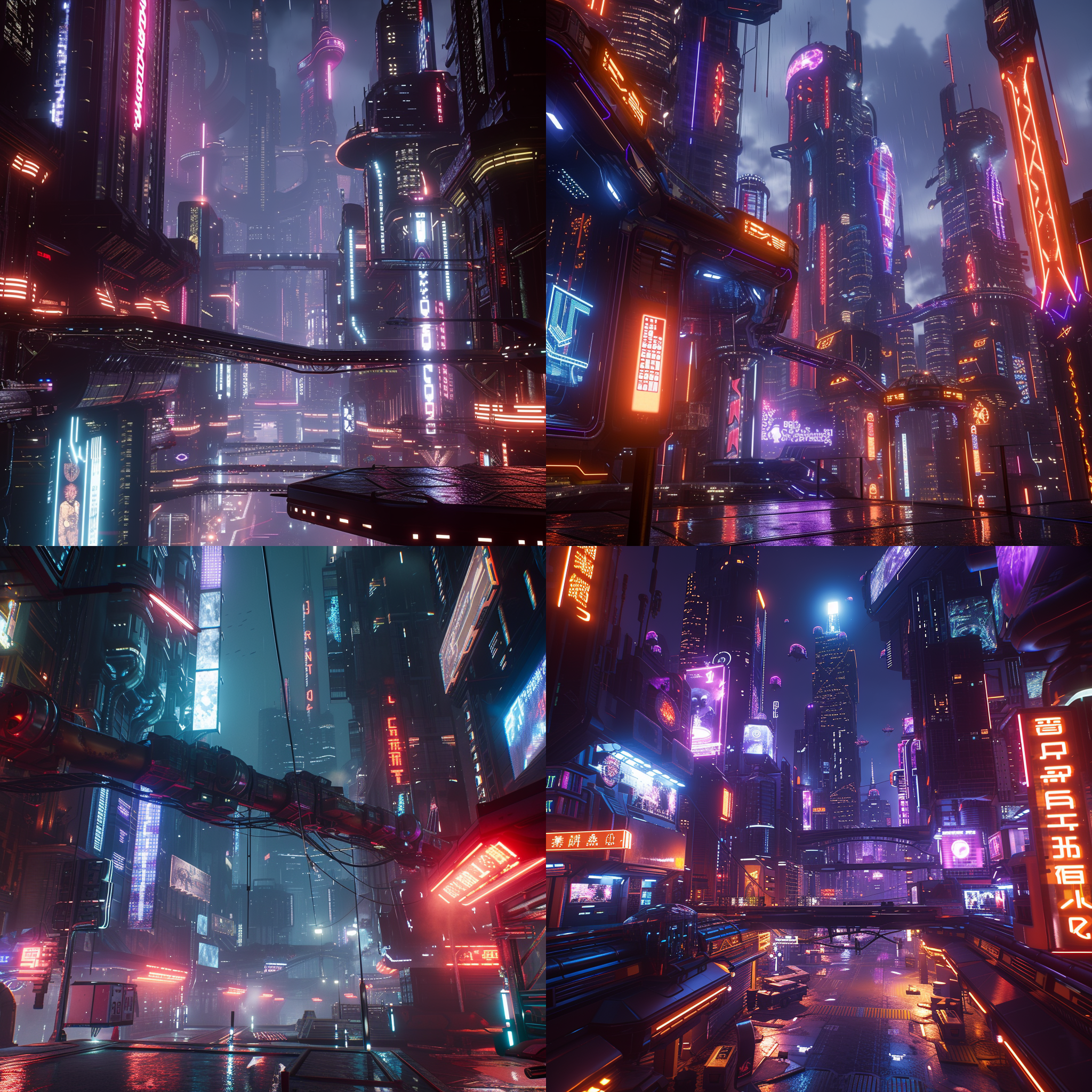 unreal engine, with a futuristic city in the background, a high tech building in the foreground, neon lights, and a low angle perspective