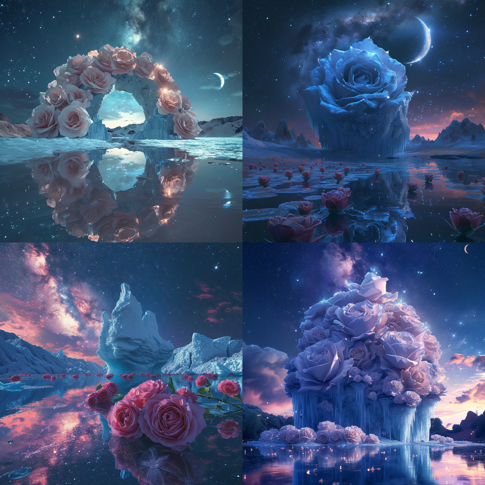 background, a huge rose-shaped ice palace, silver crescent in the sky, ice lake, lake water, many roses on the lake, reflection of roses, stars in the milky way, stars, fireflies, super wide angle, 4k angle