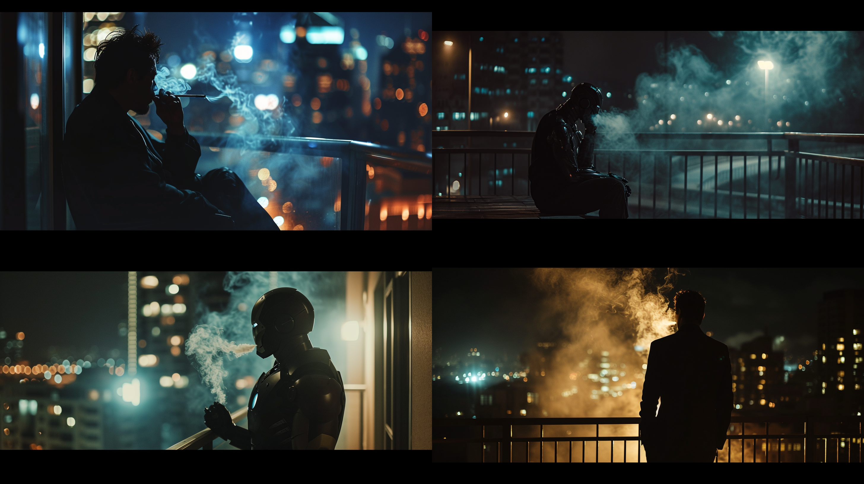 钢铁侠在阳台上抽烟，逆光拍摄，高细节，城市景观，长焦镜头，烟雾弥漫，黑色西装，沉思，孤独，夜晚，冷色调，反差明显。