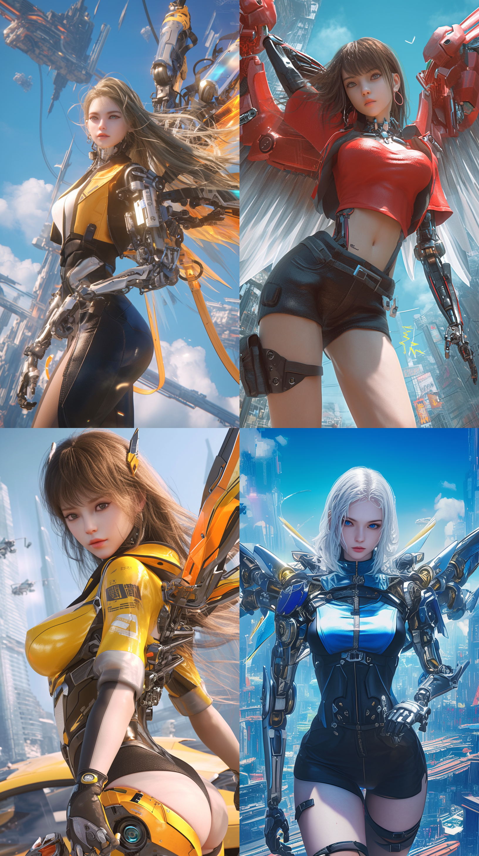 18岁少女，一半是机械人，穿着紧身衣服，背部展开机械翅膀。画面采用cg风格，科幻颜色，c4d渲染，背景是未来都市的高楼大厦和飞行汽车。女孩子看起来自信而坚毅，她的眼神中透露出决心和力量。