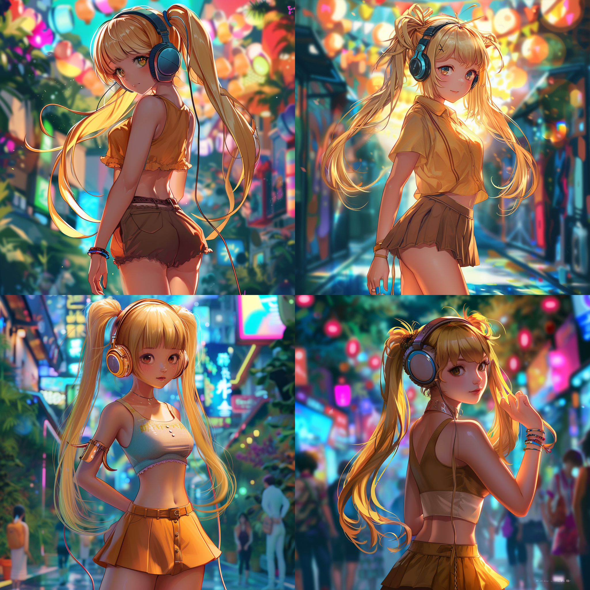 女孩金色头发，高马尾，自然肤色，皮肤光泽，棕色长裙，在3d迪士尼动漫风格下，带着耳机，身处色彩丰富的环境中，8k画质呈现出超高清晰度和色彩饱和度，展现出她可爱灵动的形象。