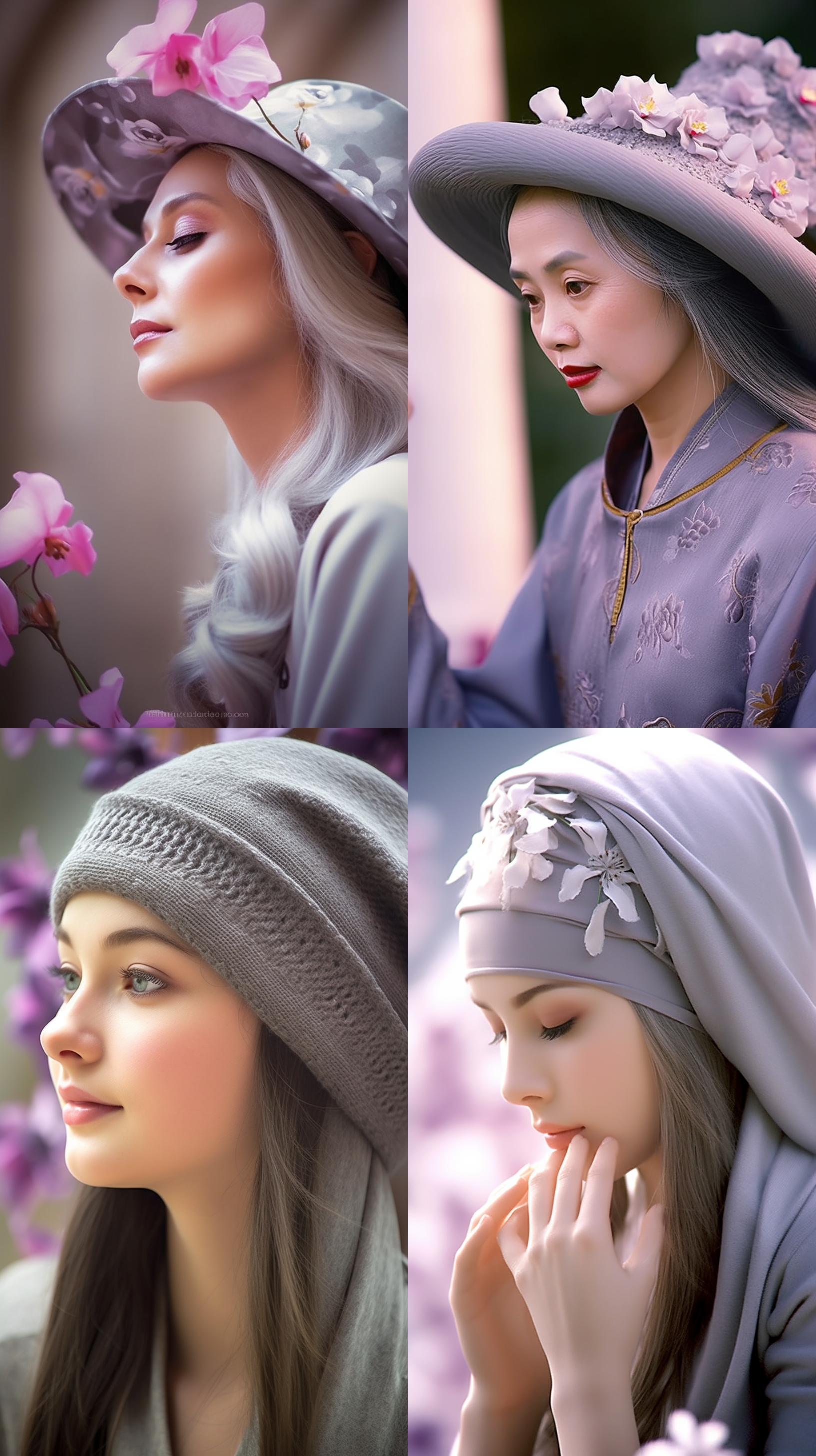 戴灰色帽子的漂亮女人，侧颜，帽子上点缀着紫色的小花，女人低头念经，祈福平安，背景是模糊庙宇。 漂亮女人，侧颜，灰色帽子，紫色小花，低头，念经，祈福，平安，模糊庙宇，中心构图，柔和光线，浅景深，宗教情感。