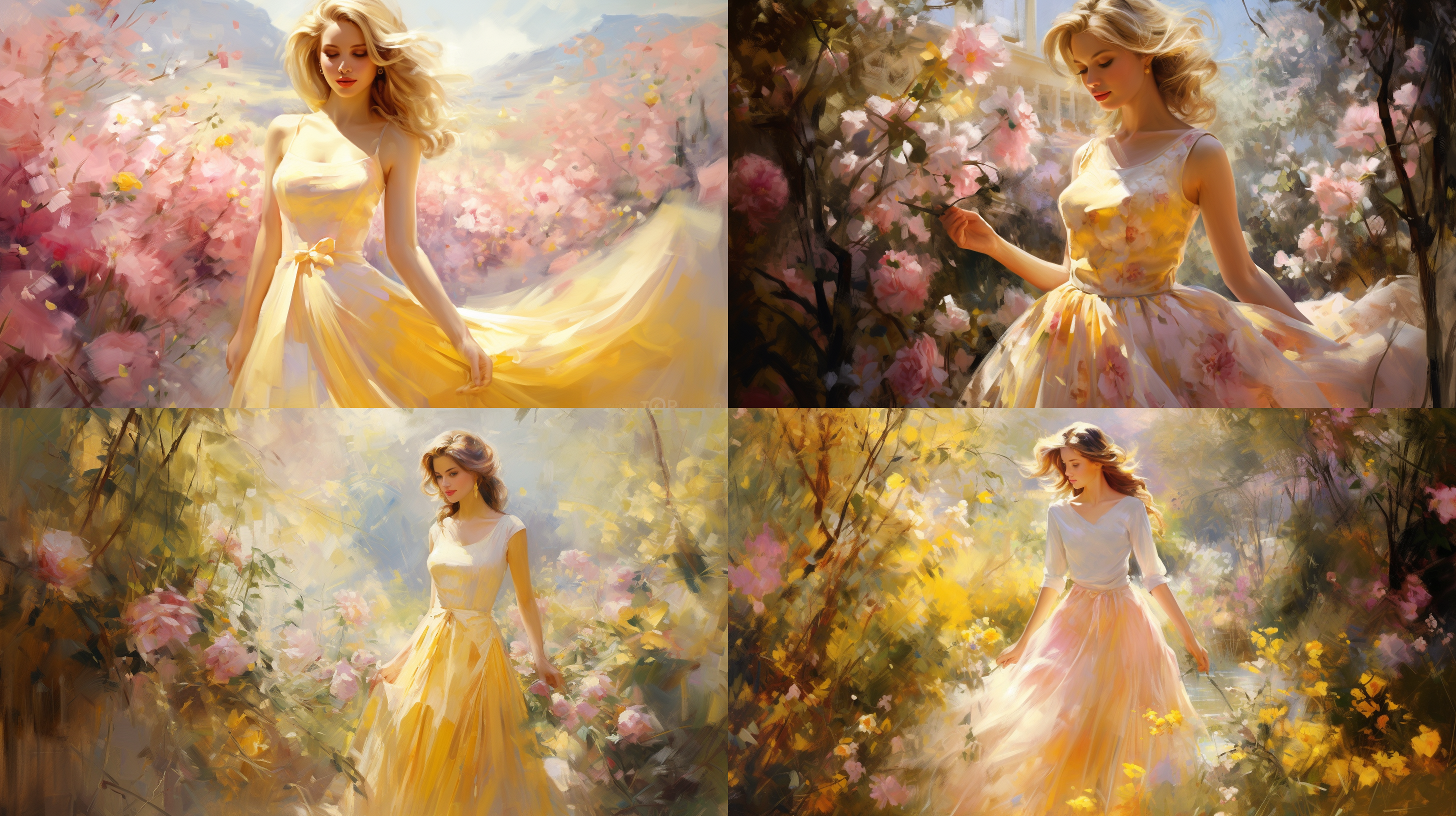 ultra-fine painting, a woman in a dress of golden yellow and pink, in the style of impressionism, a garden full of flowers, pastel colors, light and shadows,