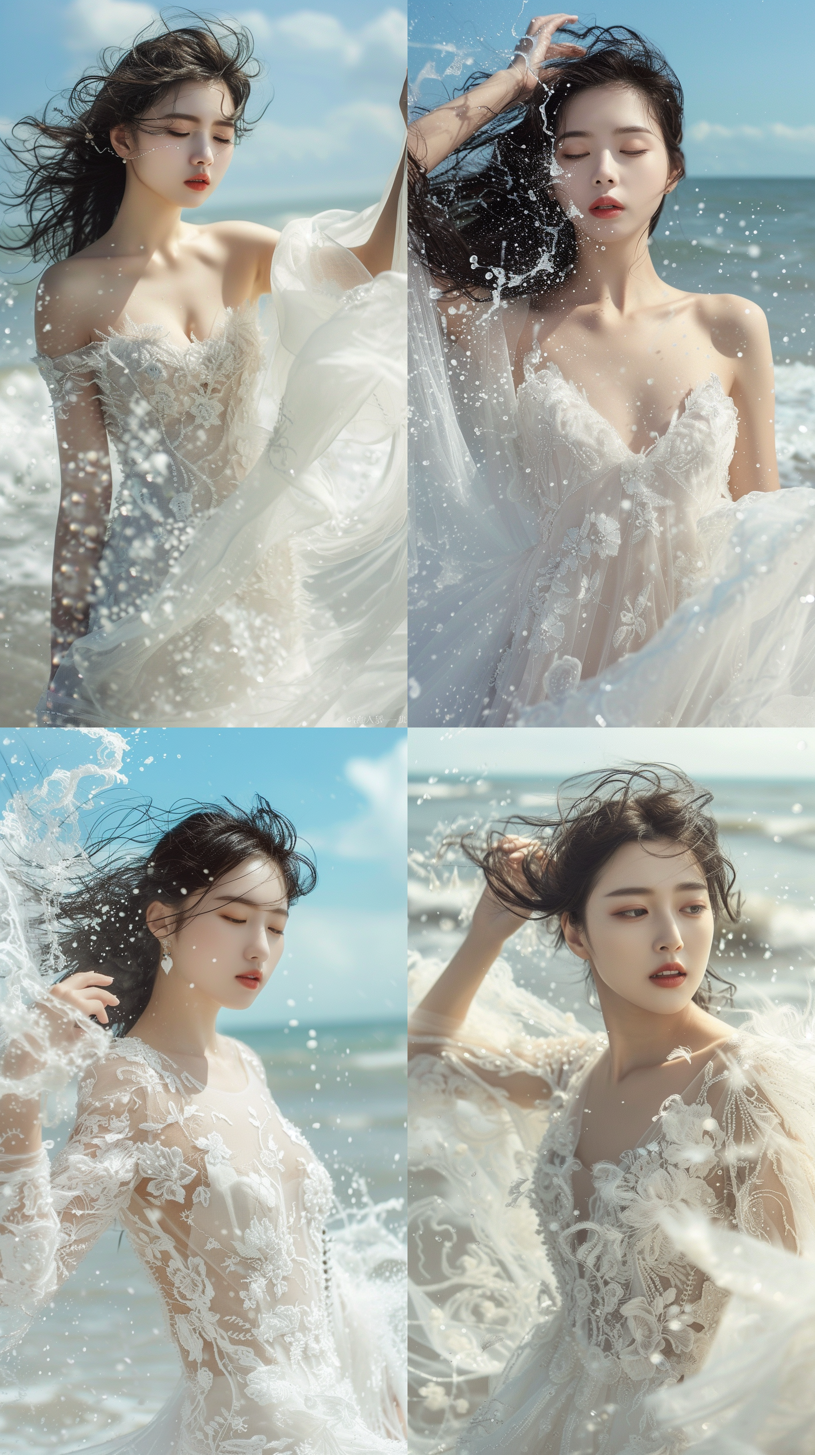 摄影成像，白色婚纱，中国美女，海滩背景