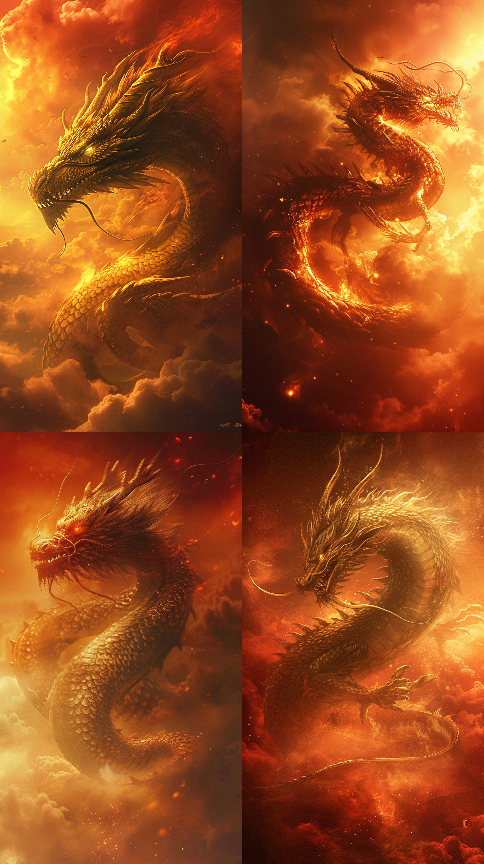 角镜头拍摄，强烈的逆光效果，龙身在空中盘旋，展现出优雅的动作。金色和红色的色调增加了神秘感和古老的氛围。震撼人心，庄严威武。烟雾缭绕，龙身盘踞于云海之上，宏伟的龙头高昂，双目炯炯有神，龙鳞闪烁着金光。整个画面充满力量和威严，红色背景衬托出龙的神圣气息。用广角镜头拍摄，强烈的逆光效果，龙身在空中盘旋，展现出优雅的动作。金色和红色的色调增加了神秘感和古老的氛围。震撼人心，庄严威武。