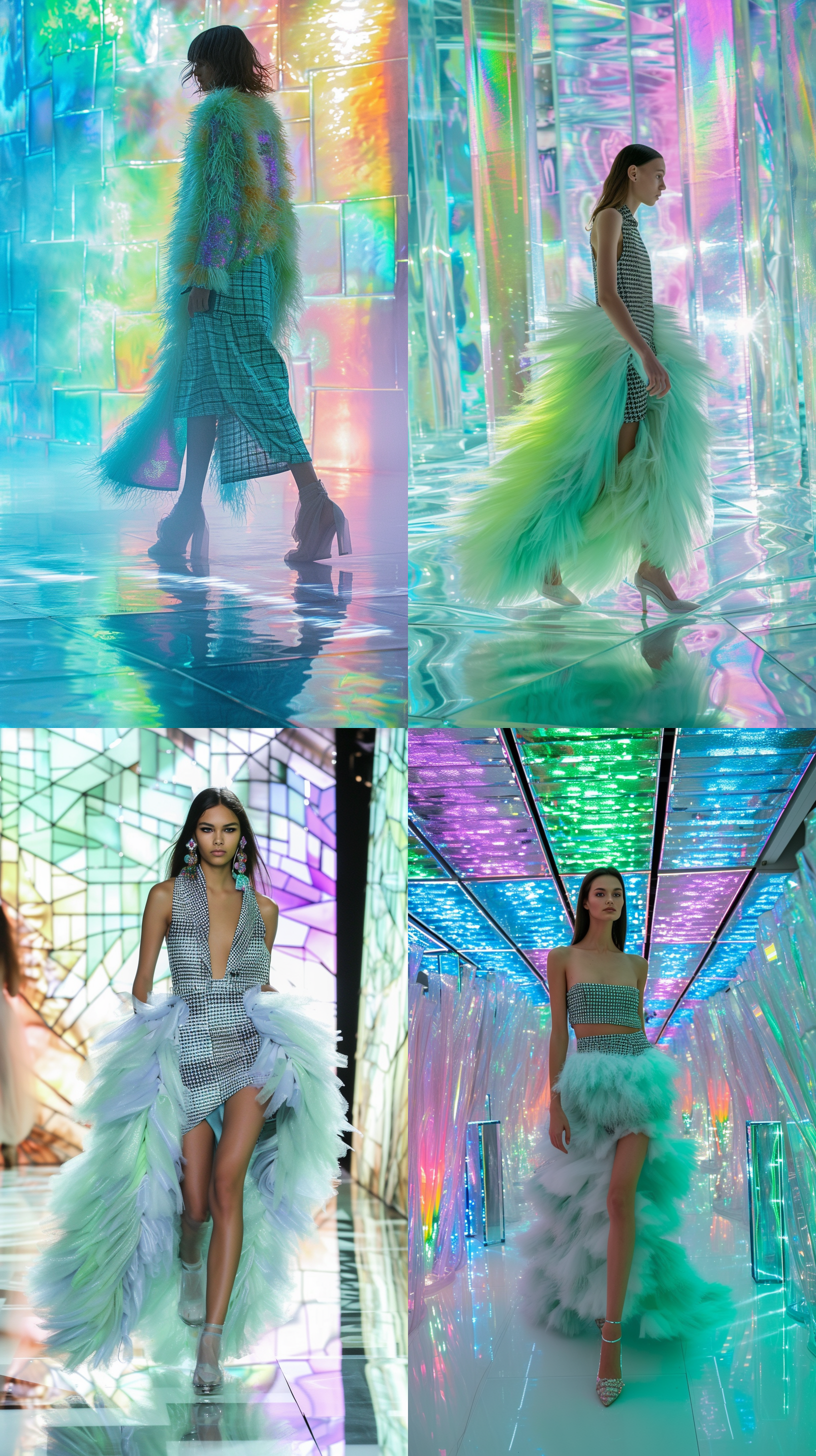 pueto rican model, walking on a runway made of pastel shiny glass, fashion luxury pastel fuzzy, furry, dress, models abs are showing, long pastel blue and green houndstooth skirt, cinematic, shiny glowing pastel stained galss windows in a modern style, art deco