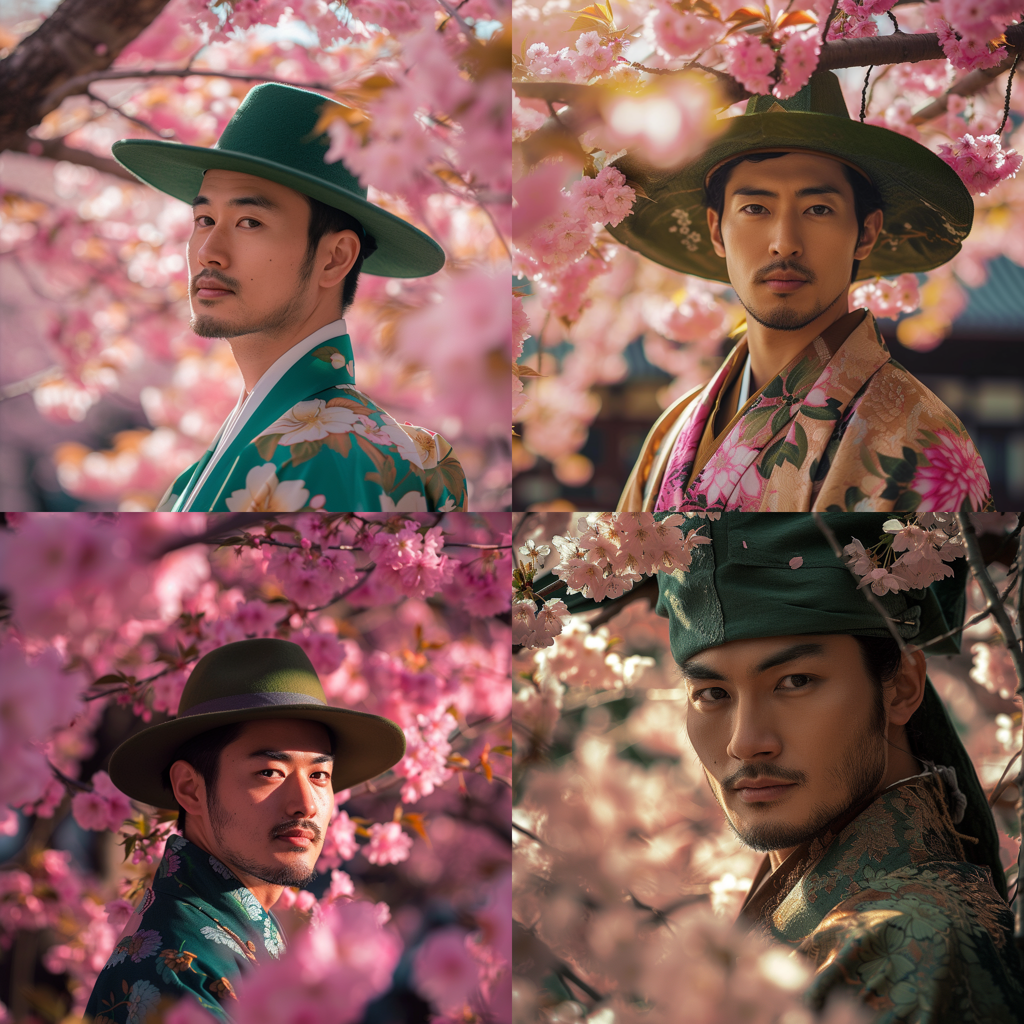 戴绿色帽子的日本男人，正颜。他身穿传统和服，站在寺庙前的樱花树下。背景是一片绚丽的粉色花海，阳光透过树叶洒在他脸上，照亮了他深邃的眼神。取景角度为低角度，突出男人的威严和自信。整体画面呈现出一种宁静而神秘的氛围，给人以内心深处的宁静感。 日本男人, 绿色帽子, 和服, 寺庙, 樱花树, 花海, 阳光, 深邃的眼神, 低角度, 威严, 自信, 宁静, 神秘, 内心深处的宁静感