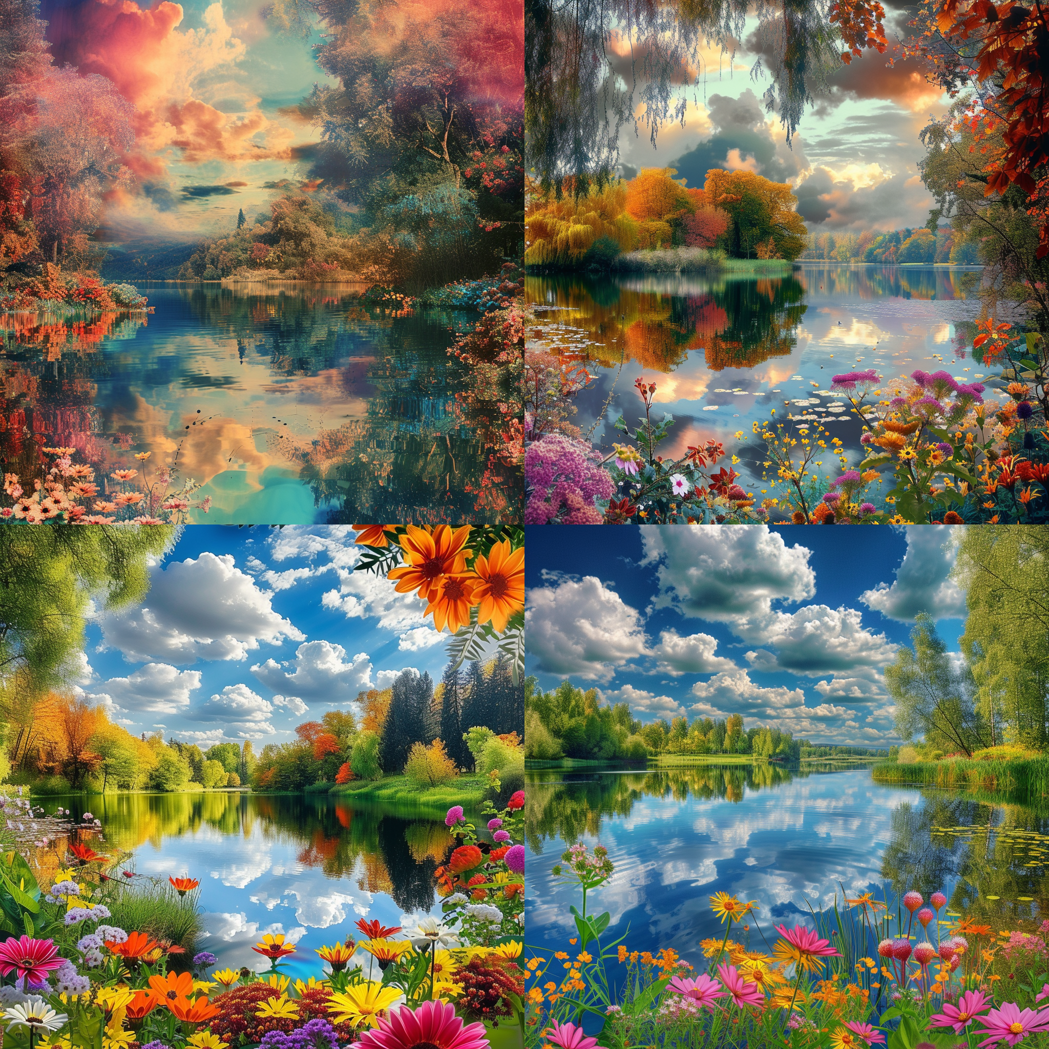 一幅以gustav klimt的多彩、宁静和美丽风格为主题的照片。画面中有一个宁静的湖泊，周围是绚丽多彩的花朵和树木。湖面上倒映着天空和云彩，给人一种宁静和平静的感觉。整个画面充满了生机和活力，仿佛进入了一个梦幻般的世界。色彩鲜艳，构图平衡，细节丰富，给人一种宁静、祥和和美丽的感觉。彩色，宁静，美丽，平衡，细节丰富，多彩，梦幻，生机勃勃。