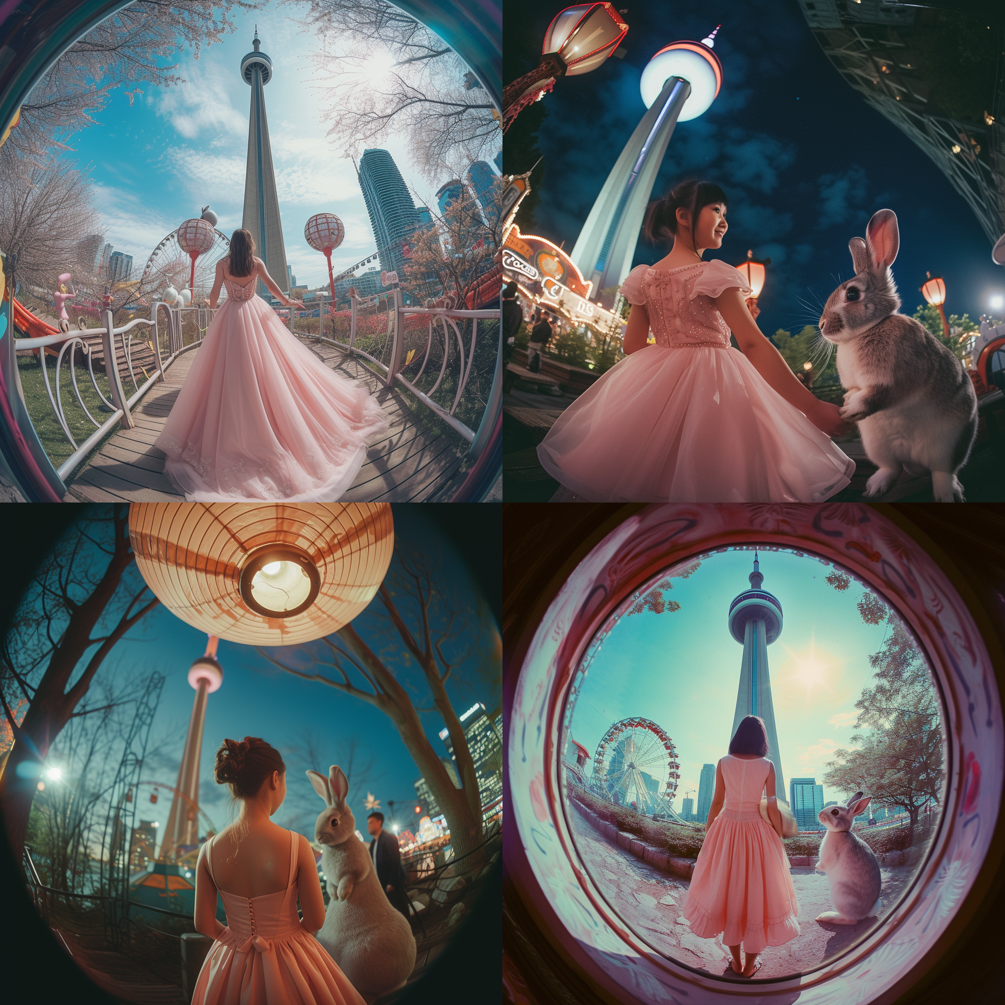 女孩身穿粉色连衣裙，背对相机，微笑着看着灰白兔子。他们站在多伦多电视塔前，背景是梦幻般的wonderland游乐园。照片构图对称，使用鱼眼镜头，明亮的光线透过灯笼营造出温暖的氛围。画面充满活力，色彩鲜艳，表达着快乐和无限可能。