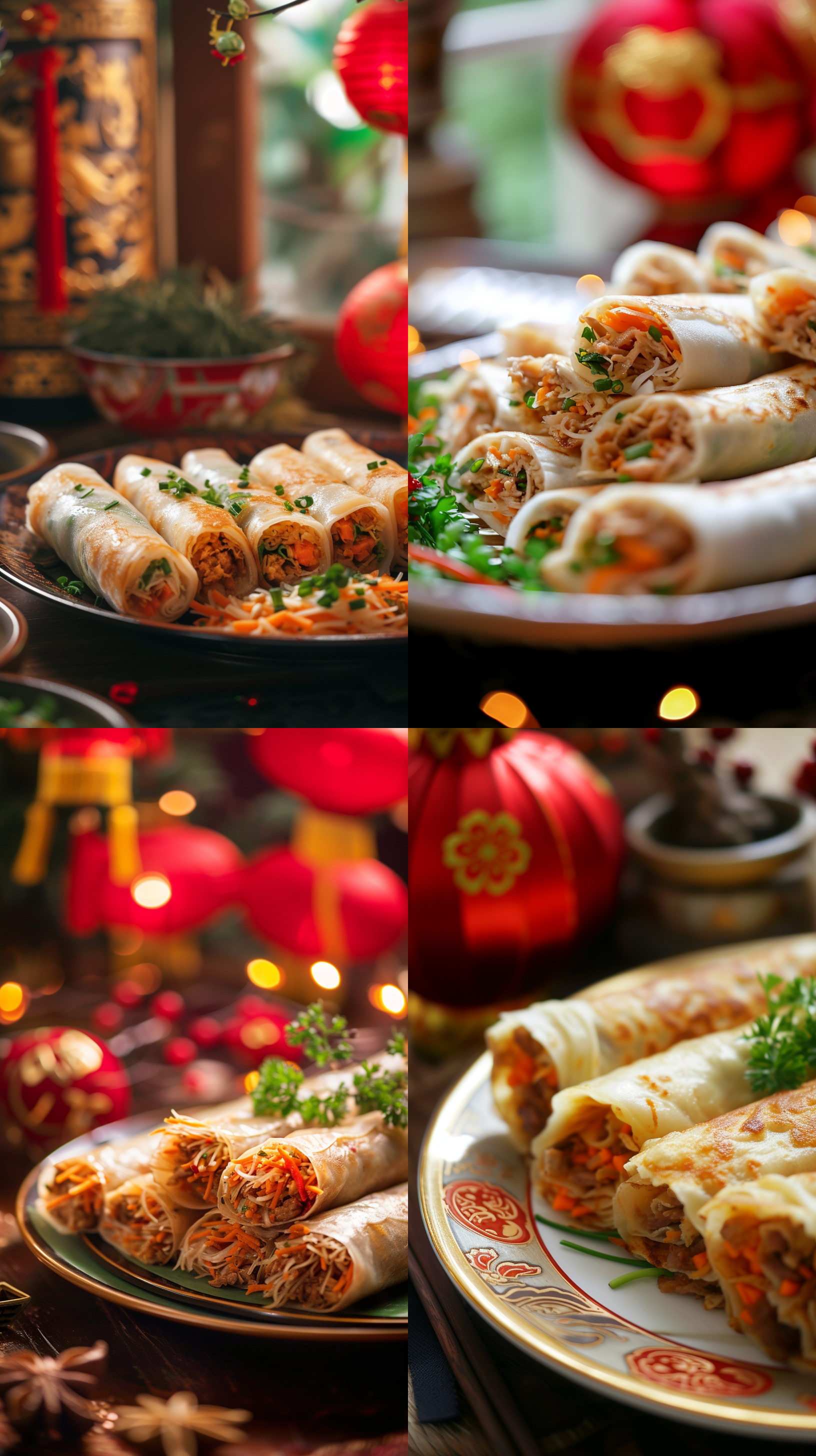 菜品摄影，50度角度拍摄，近景3-5个包裹好的面饼的特写，面饼里面包裹着整齐的肉丝，胡萝卜丝，土豆丝，面饼切放整齐的摆放在一起，新年团圆宴主题，细节丰富，红灯笼，金色装饰，窗户，柔和侧光，浅景深，传统元素，喜庆氛围，温暖情感。