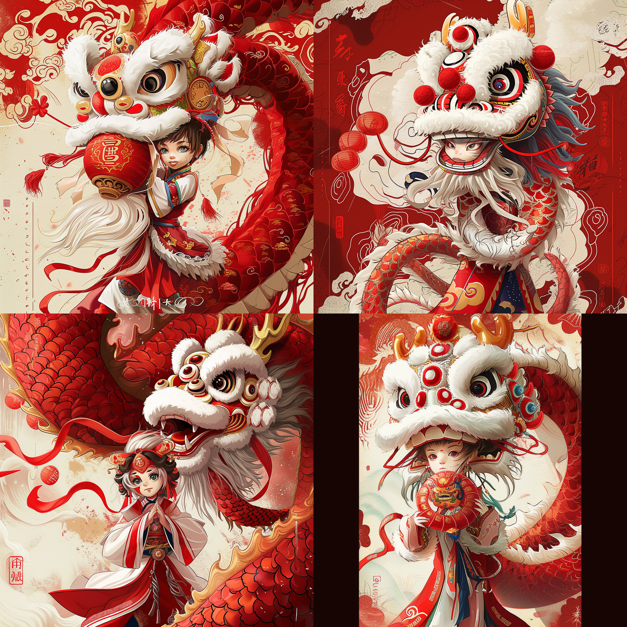红白龙，厚涂插画，中国风新年感觉，立体感压倒性，喜庆氛围，鲜艳色彩，丰富细节，浓烈纹理，神秘光影，传统服饰，神态自信。