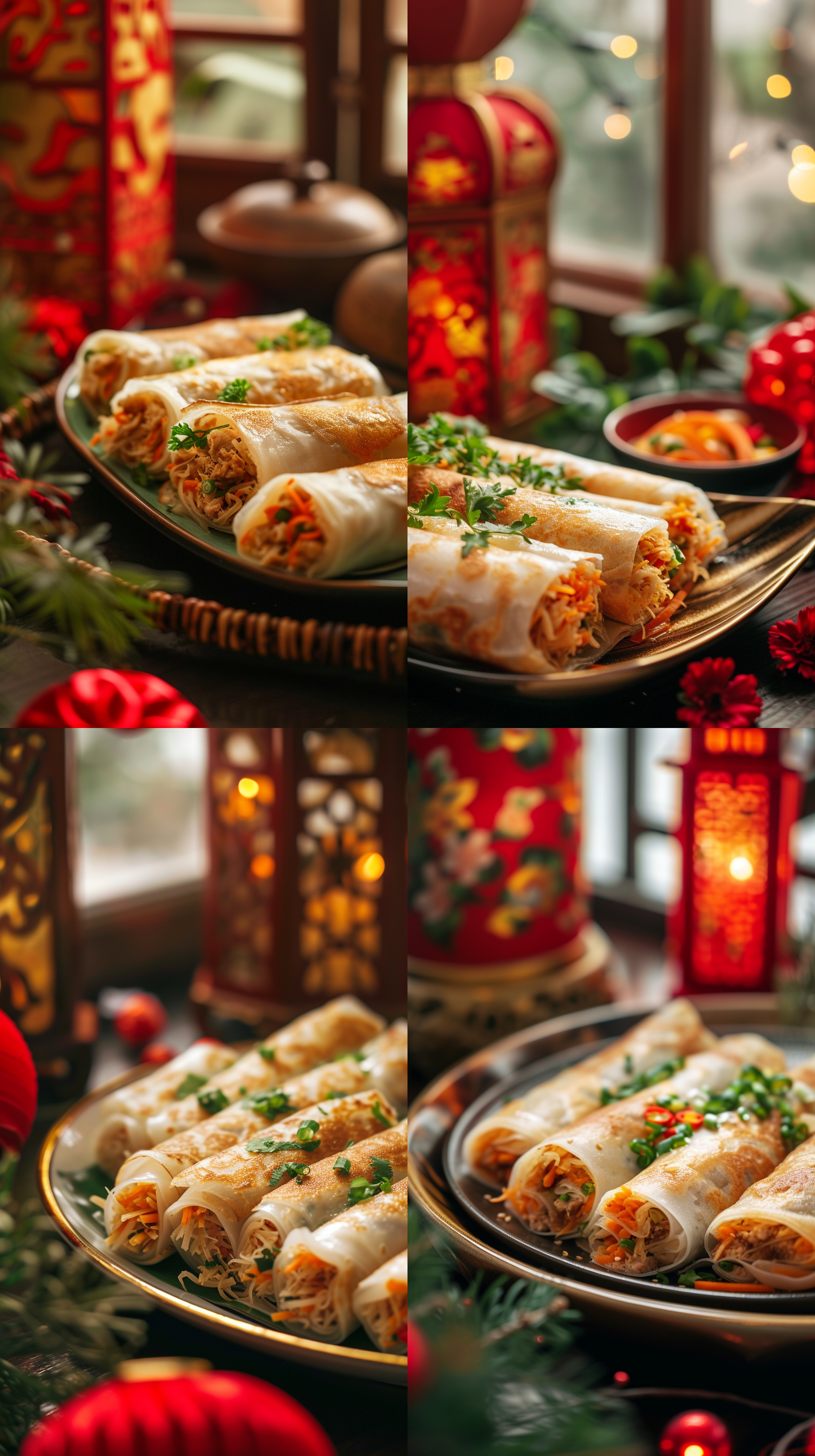 菜品摄影，50度角度拍摄，近景3-5个包裹好的面饼的特写，面饼里面包裹着整齐的肉丝，胡萝卜丝，土豆丝，面饼切放整齐的摆放在一起，新年团圆宴主题，细节丰富，红灯笼，金色装饰，窗户，柔和侧光，浅景深，传统元素，喜庆氛围，温暖情感。