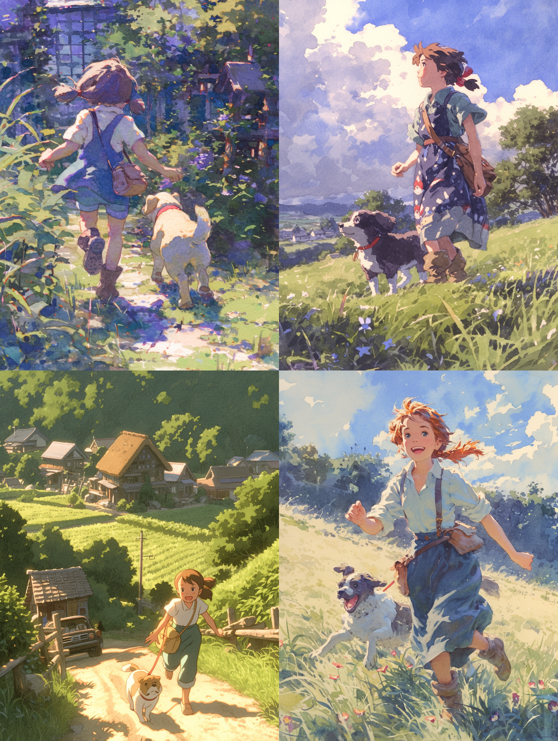 小女孩在乡下和狗一起奔跑，宫崎峻，吉卜力工作室，水彩，非常详细