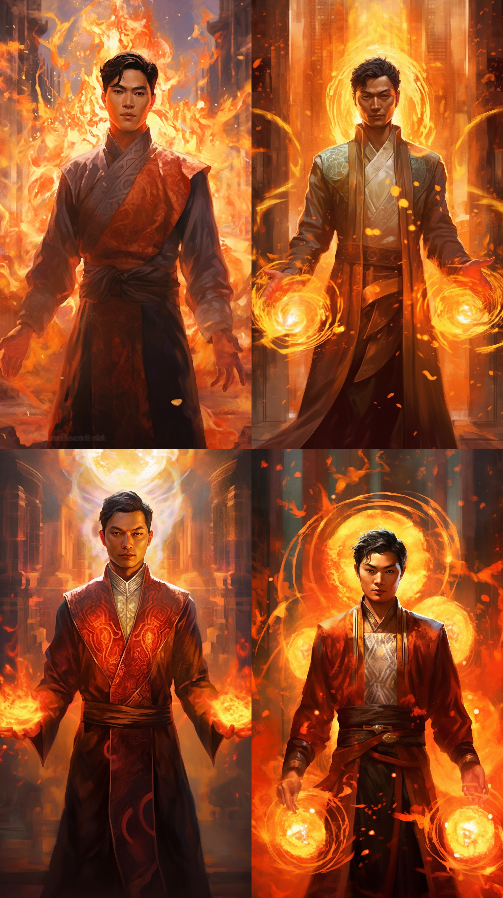 一个正面视角的亚洲术士，穿着帅气站在帝国的时空门前，手上操纵着火焰，目光坚定，看向前方